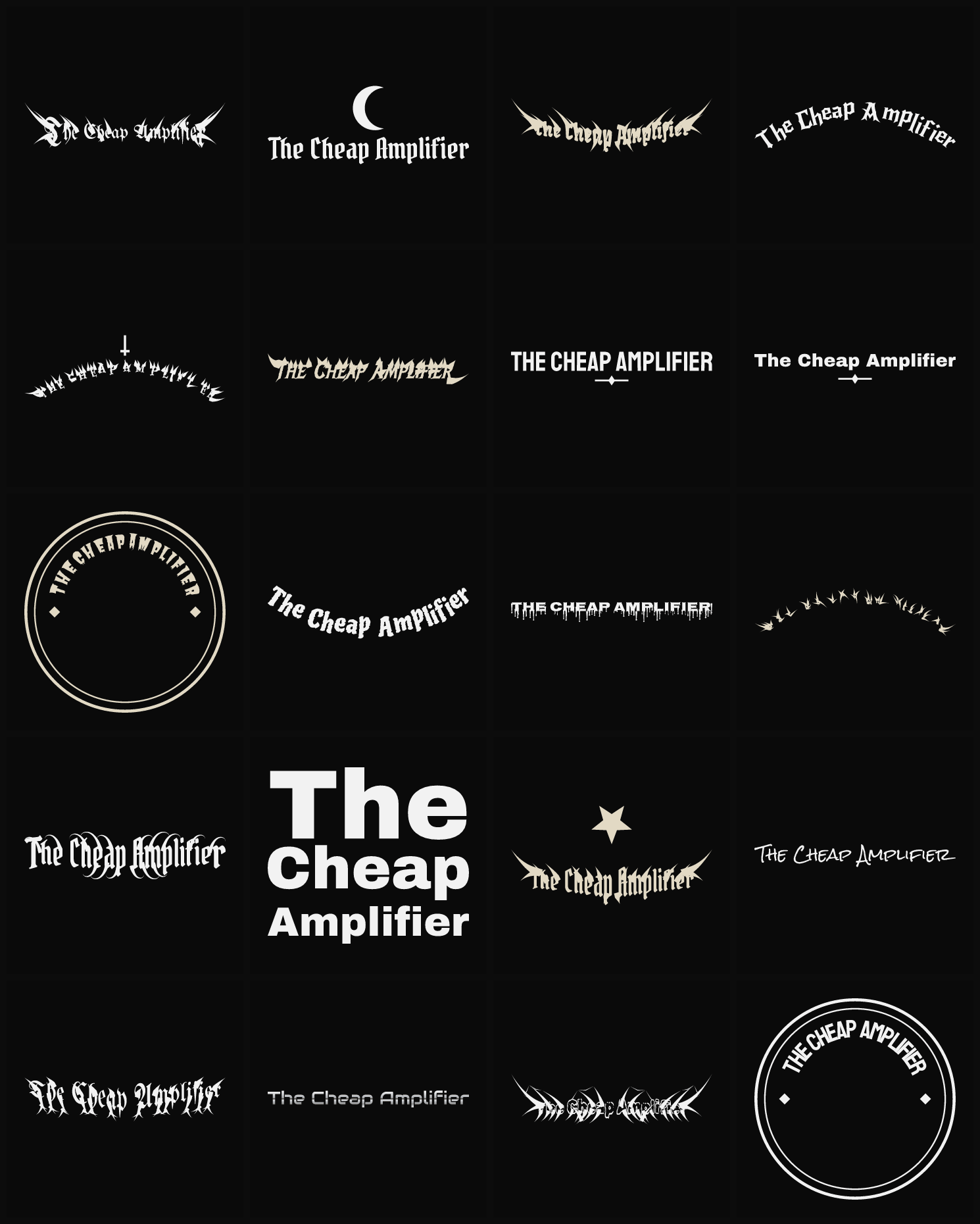 Twenty The Cheap Amplifier band logo ideas — different faces, treatments and spike settings