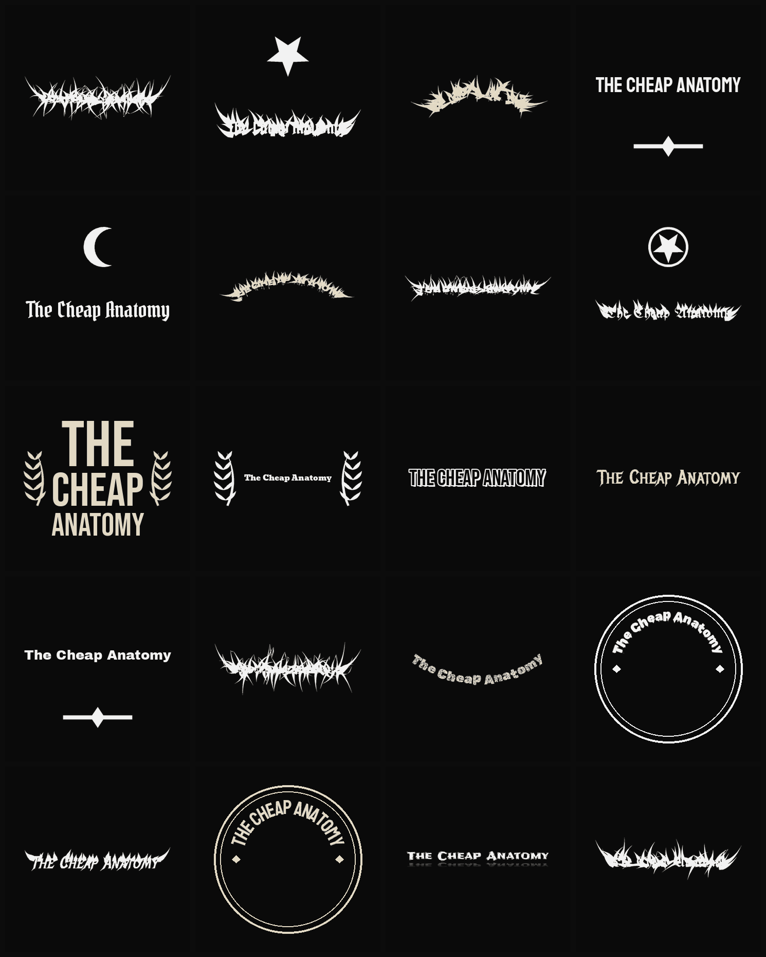 Twenty The Cheap Anatomy band logo ideas — different faces, treatments and spike settings