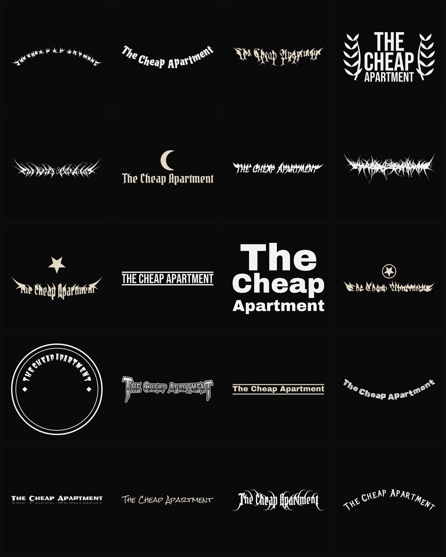 Twenty The Cheap Apartment band logo ideas — different faces, treatments and spike settings