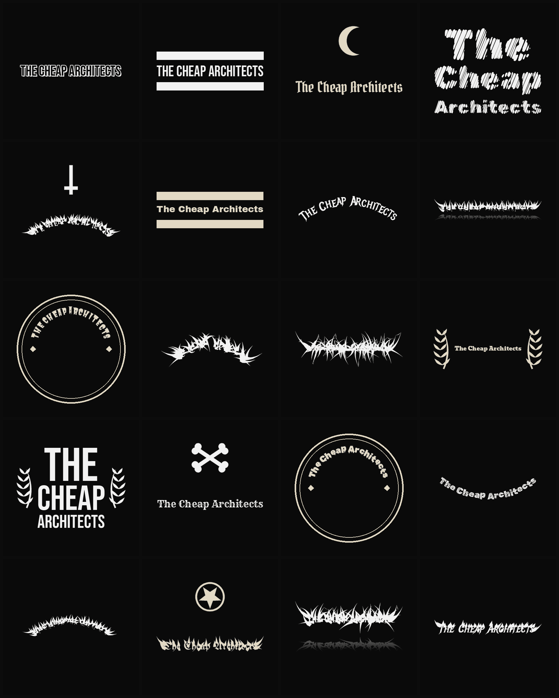 Twenty The Cheap Architects band logo ideas — different faces, treatments and spike settings