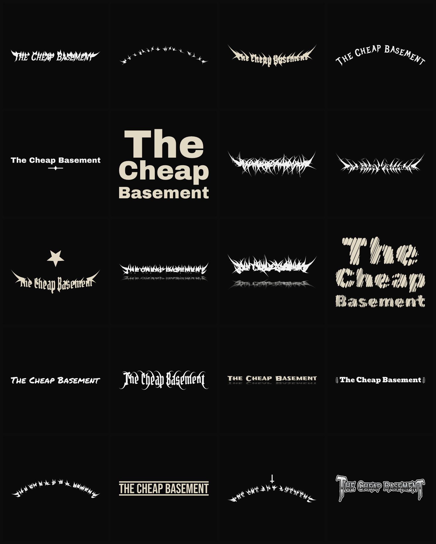 Twenty The Cheap Basement band logo ideas — different faces, treatments and spike settings