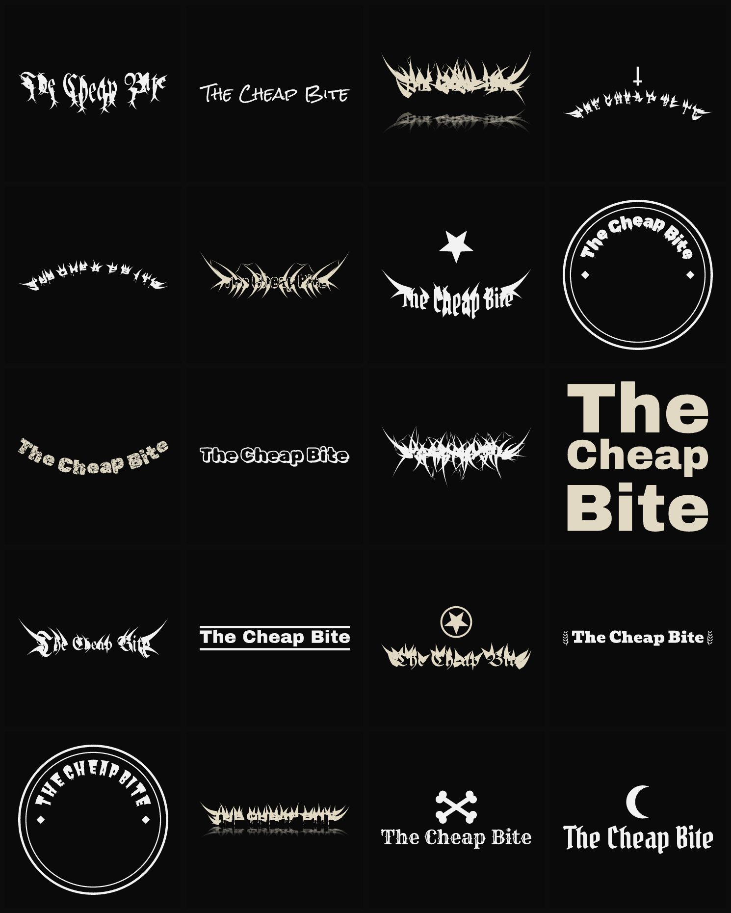 Twenty The Cheap Bite band logo ideas — different faces, treatments and spike settings