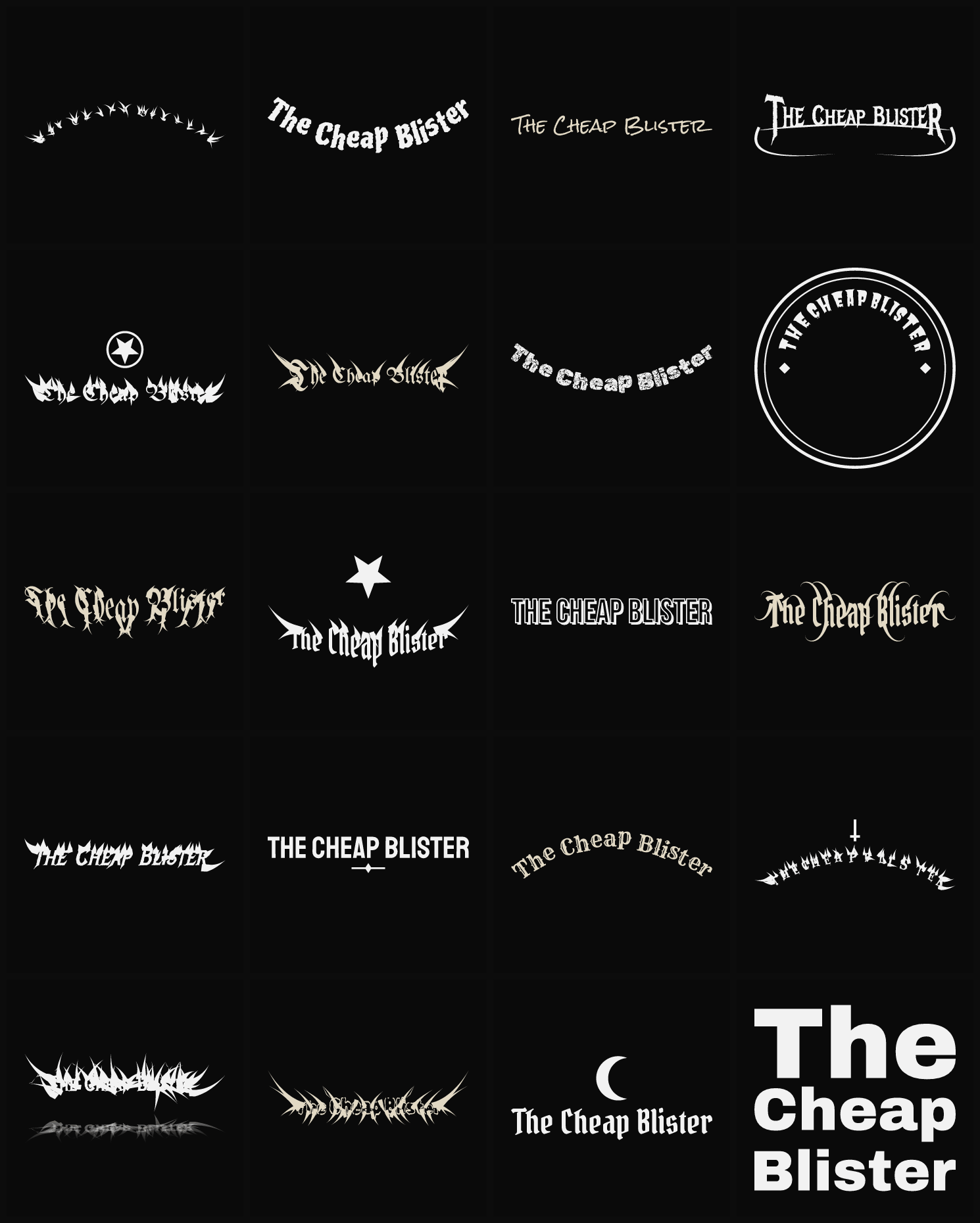 Twenty The Cheap Blister band logo ideas — different faces, treatments and spike settings