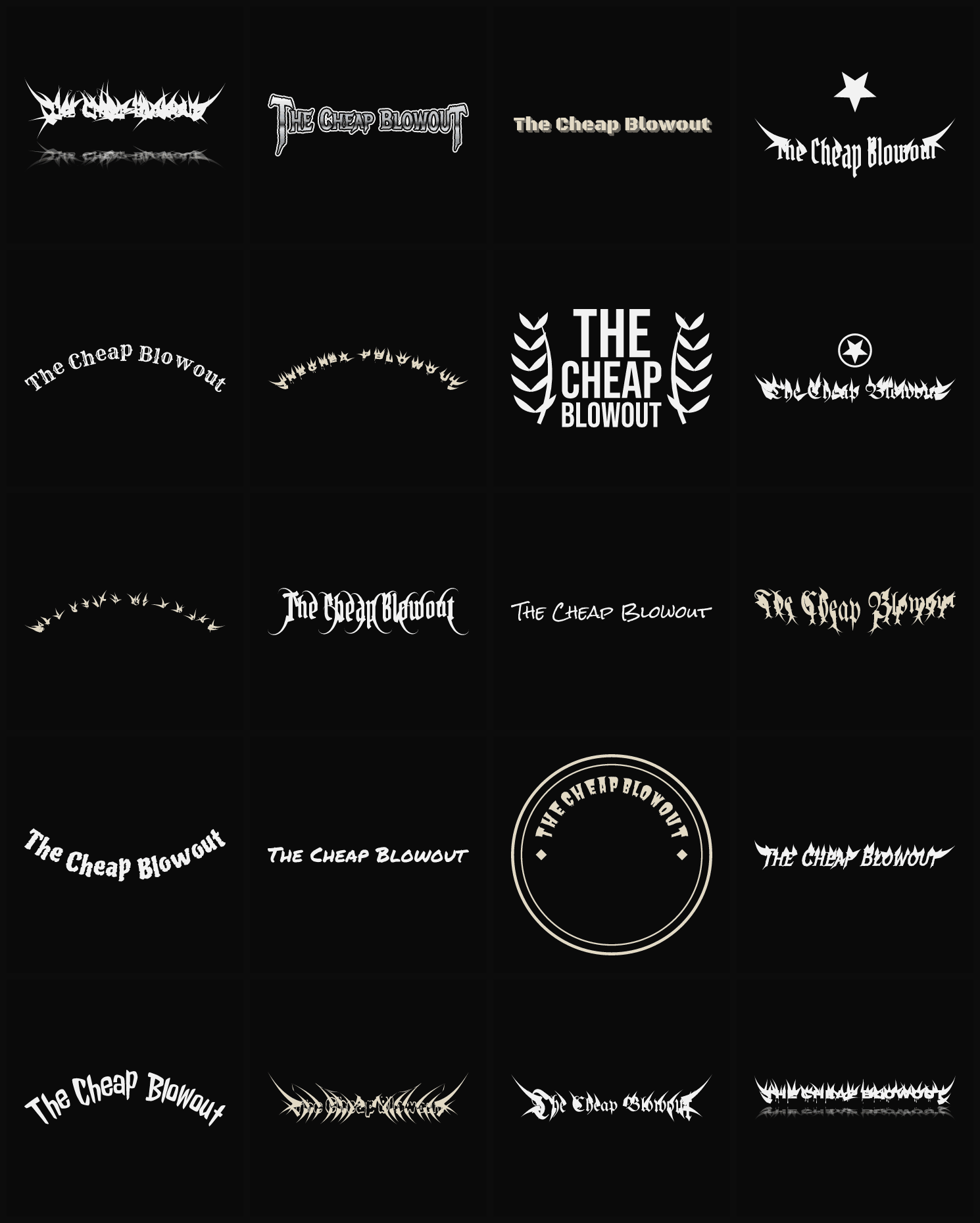 Twenty The Cheap Blowout band logo ideas — different faces, treatments and spike settings