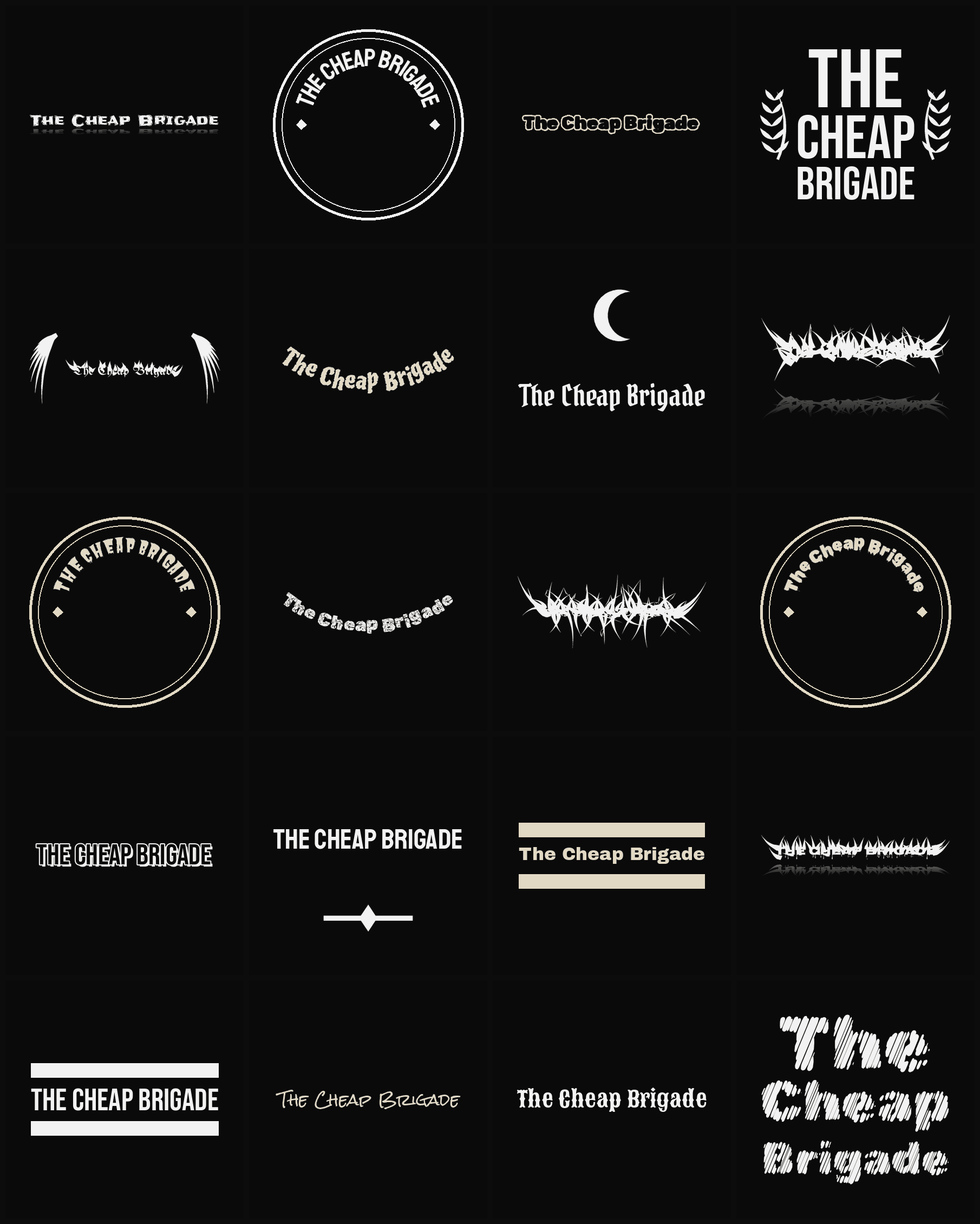 Twenty The Cheap Brigade band logo ideas — different faces, treatments and spike settings