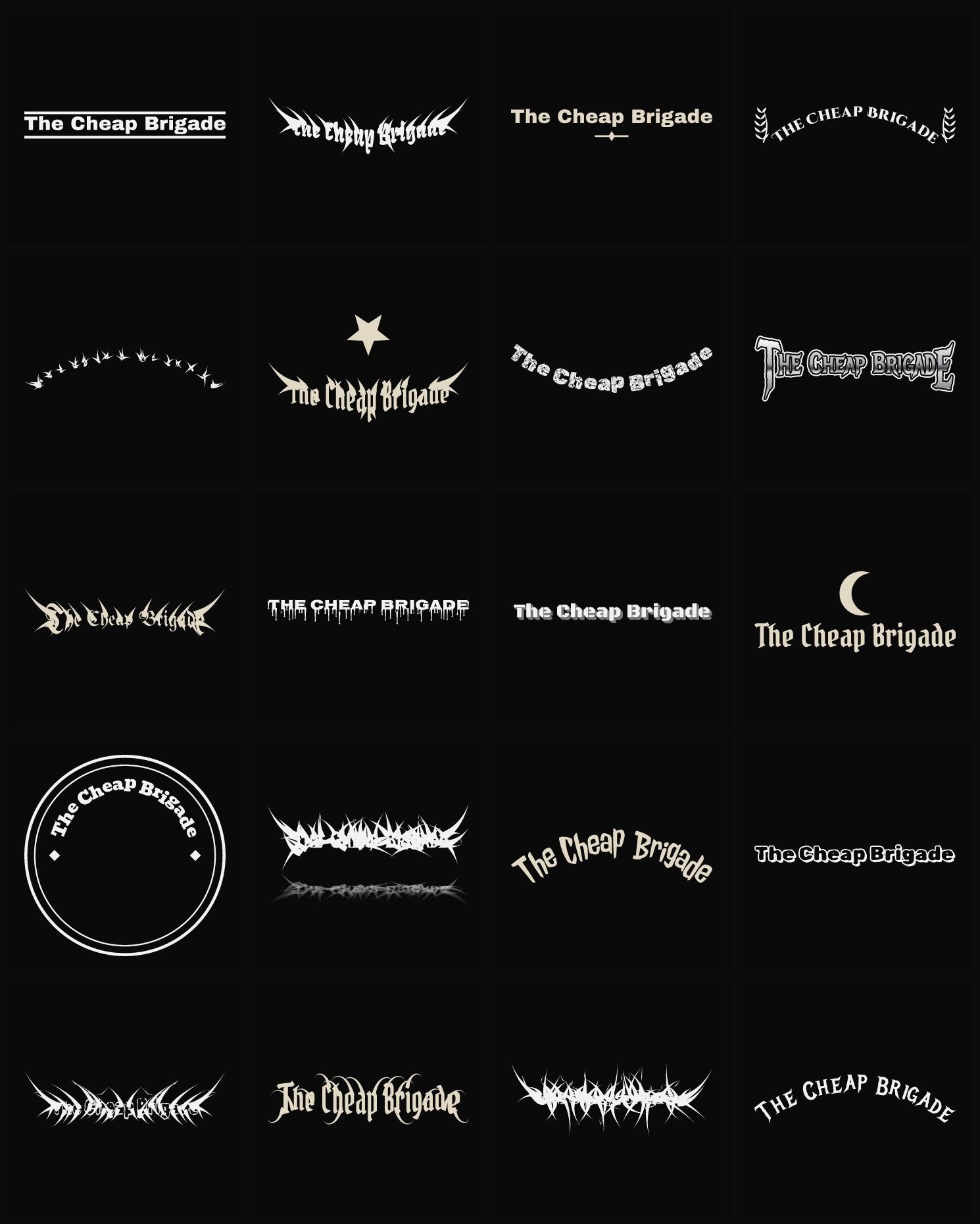 Twenty The Cheap Brigade band logo ideas — different faces, treatments and spike settings