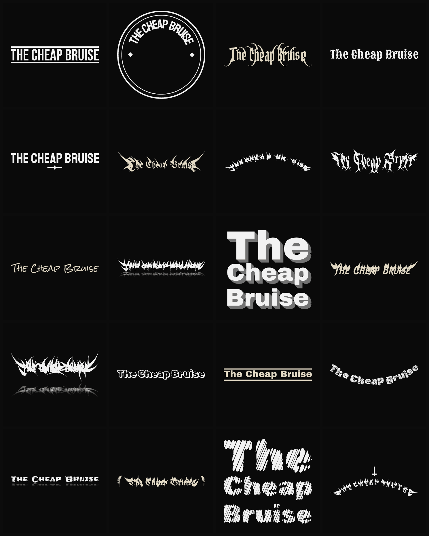 Twenty The Cheap Bruise band logo ideas — different faces, treatments and spike settings