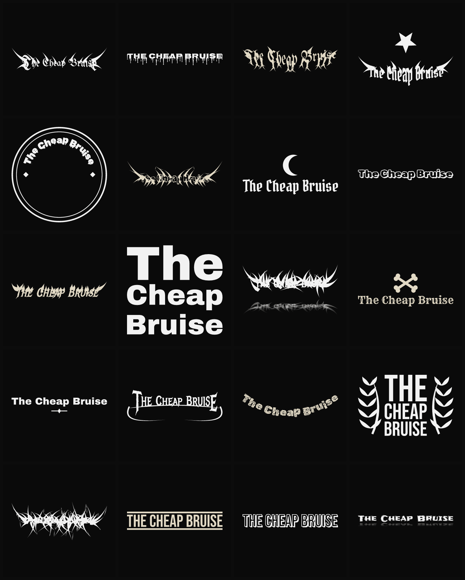 Twenty The Cheap Bruise band logo ideas — different faces, treatments and spike settings