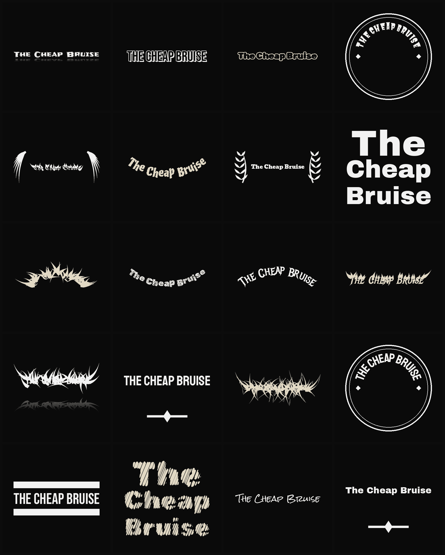 Twenty The Cheap Bruise band logo ideas — different faces, treatments and spike settings