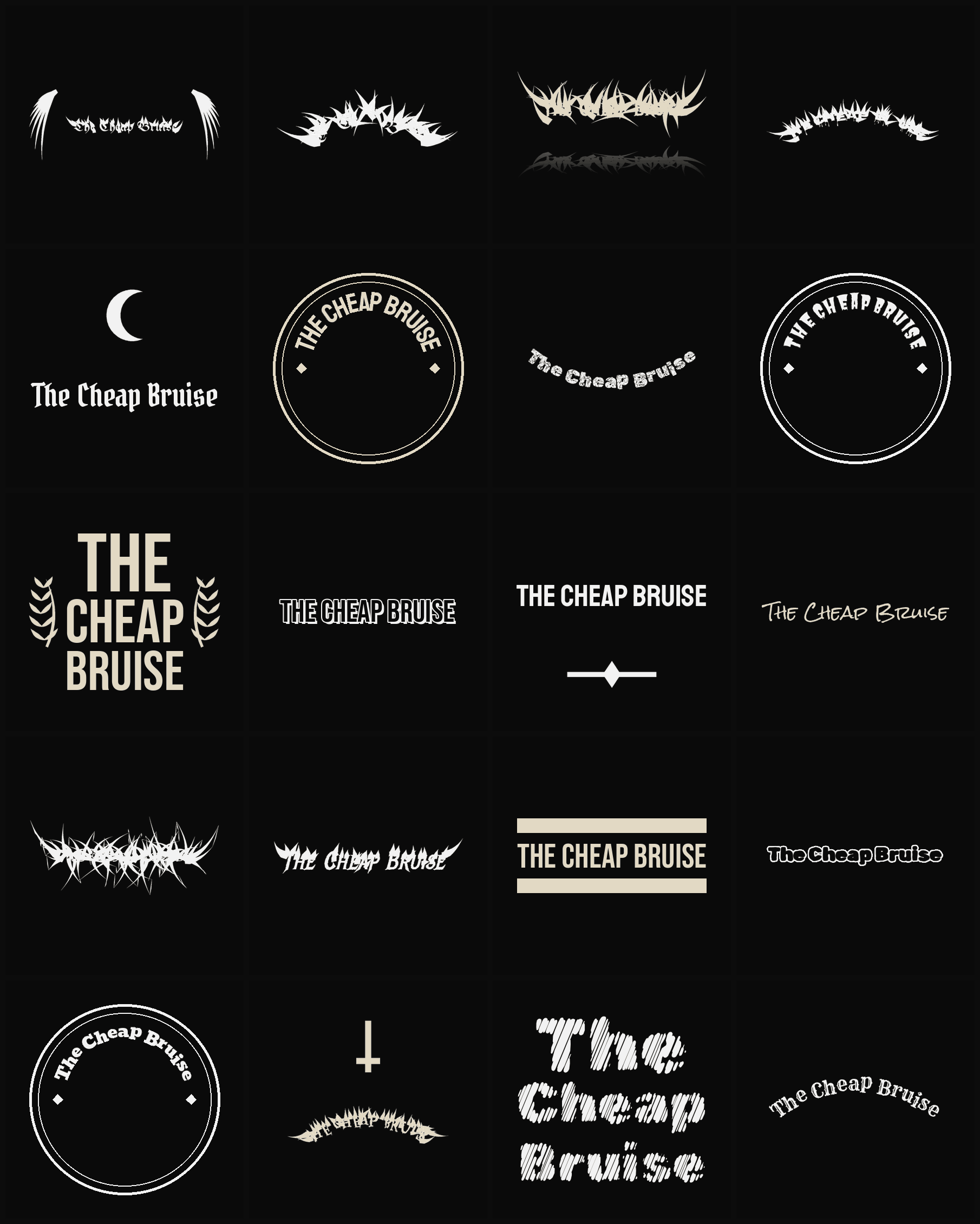 Twenty The Cheap Bruise band logo ideas — different faces, treatments and spike settings