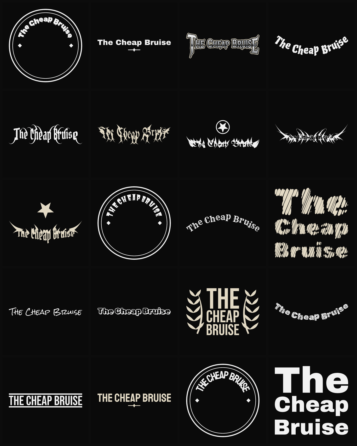Twenty The Cheap Bruise band logo ideas — different faces, treatments and spike settings