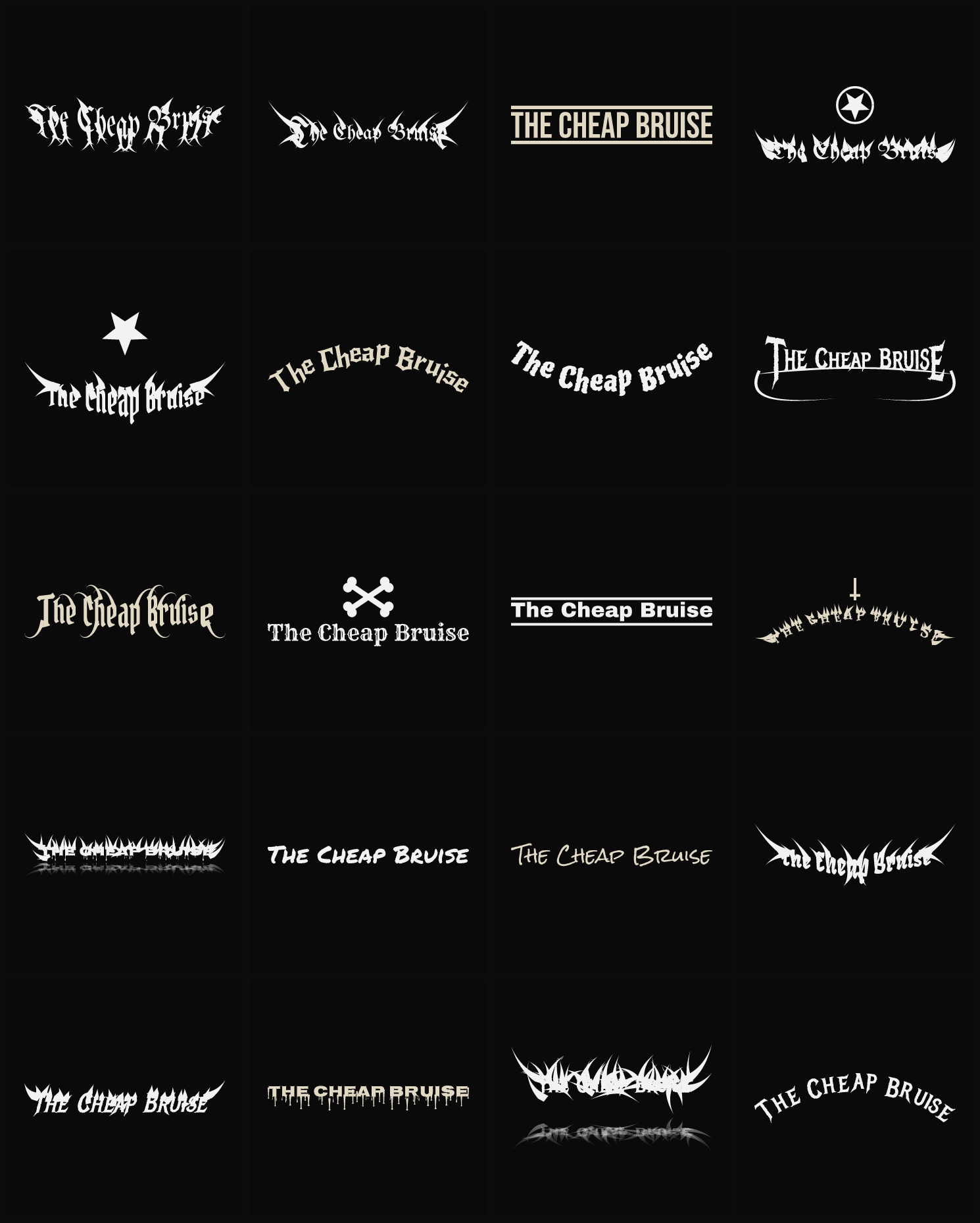 Twenty The Cheap Bruise band logo ideas — different faces, treatments and spike settings