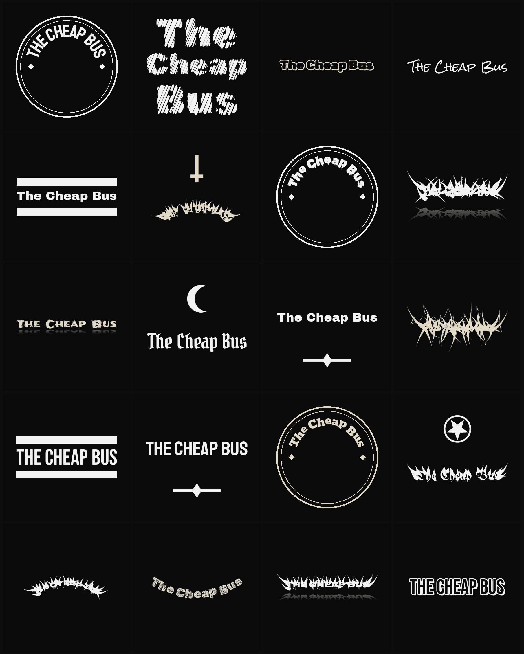 Twenty The Cheap Bus band logo ideas — different faces, treatments and spike settings