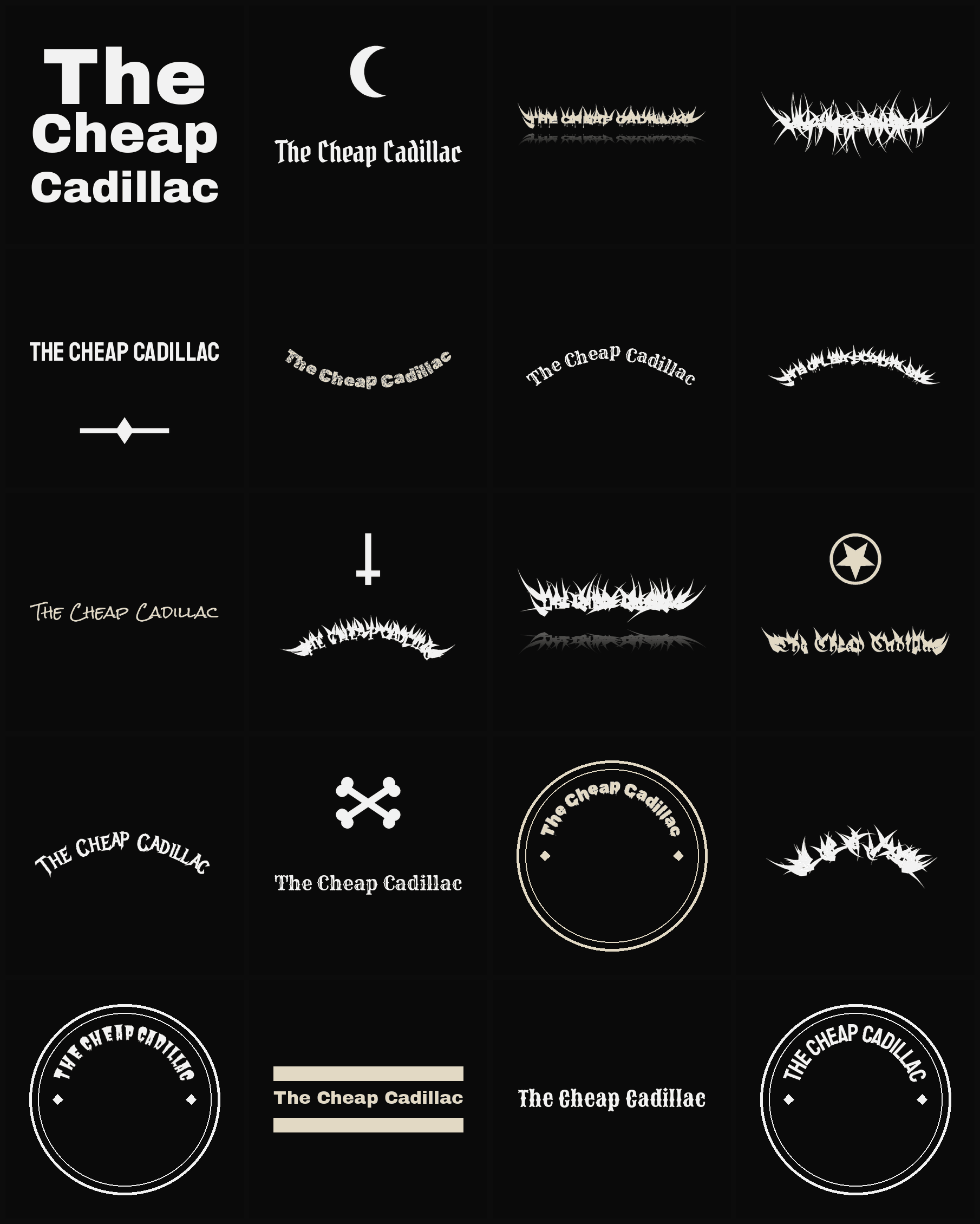Twenty The Cheap Cadillac band logo ideas — different faces, treatments and spike settings