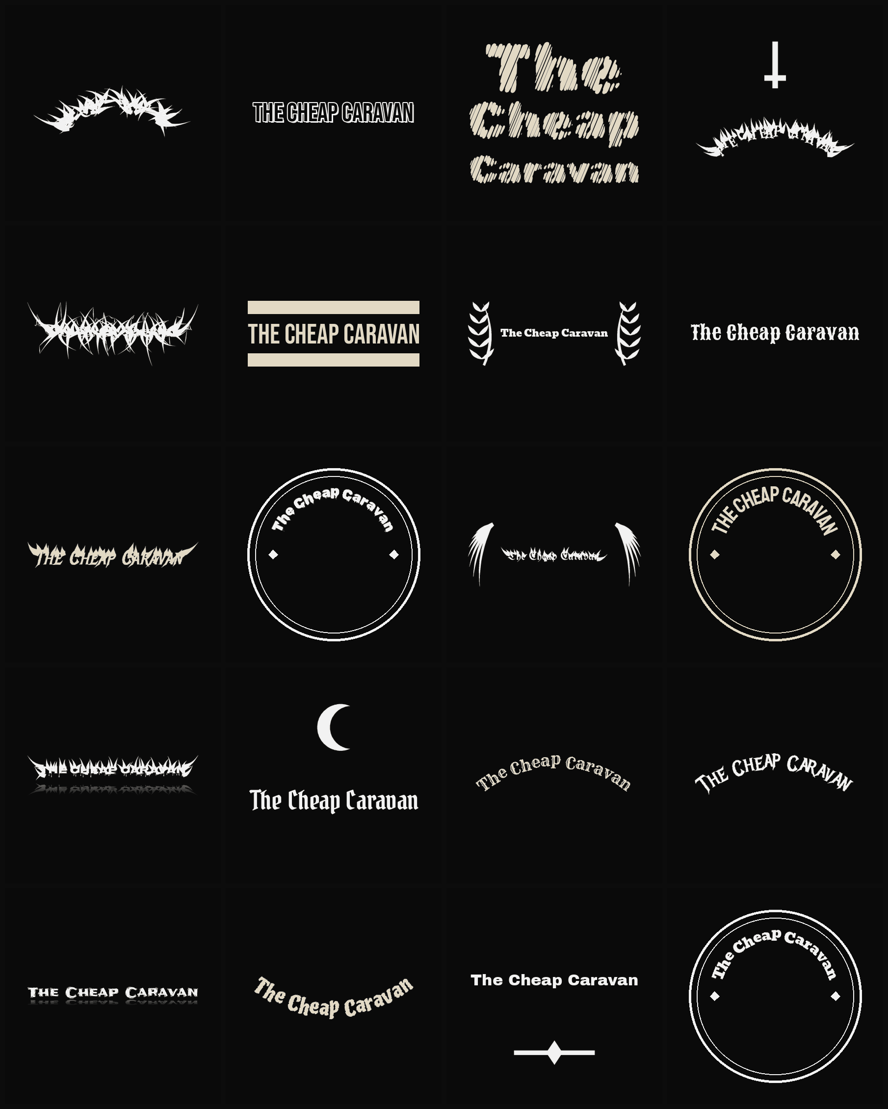 Twenty The Cheap Caravan band logo ideas — different faces, treatments and spike settings