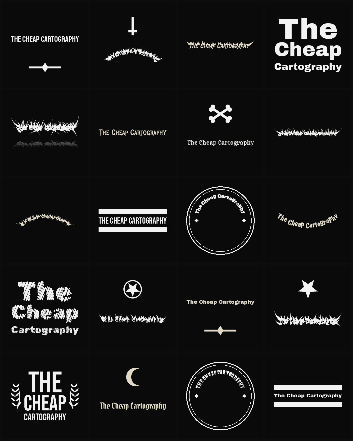 Twenty The Cheap Cartography band logo ideas — different faces, treatments and spike settings