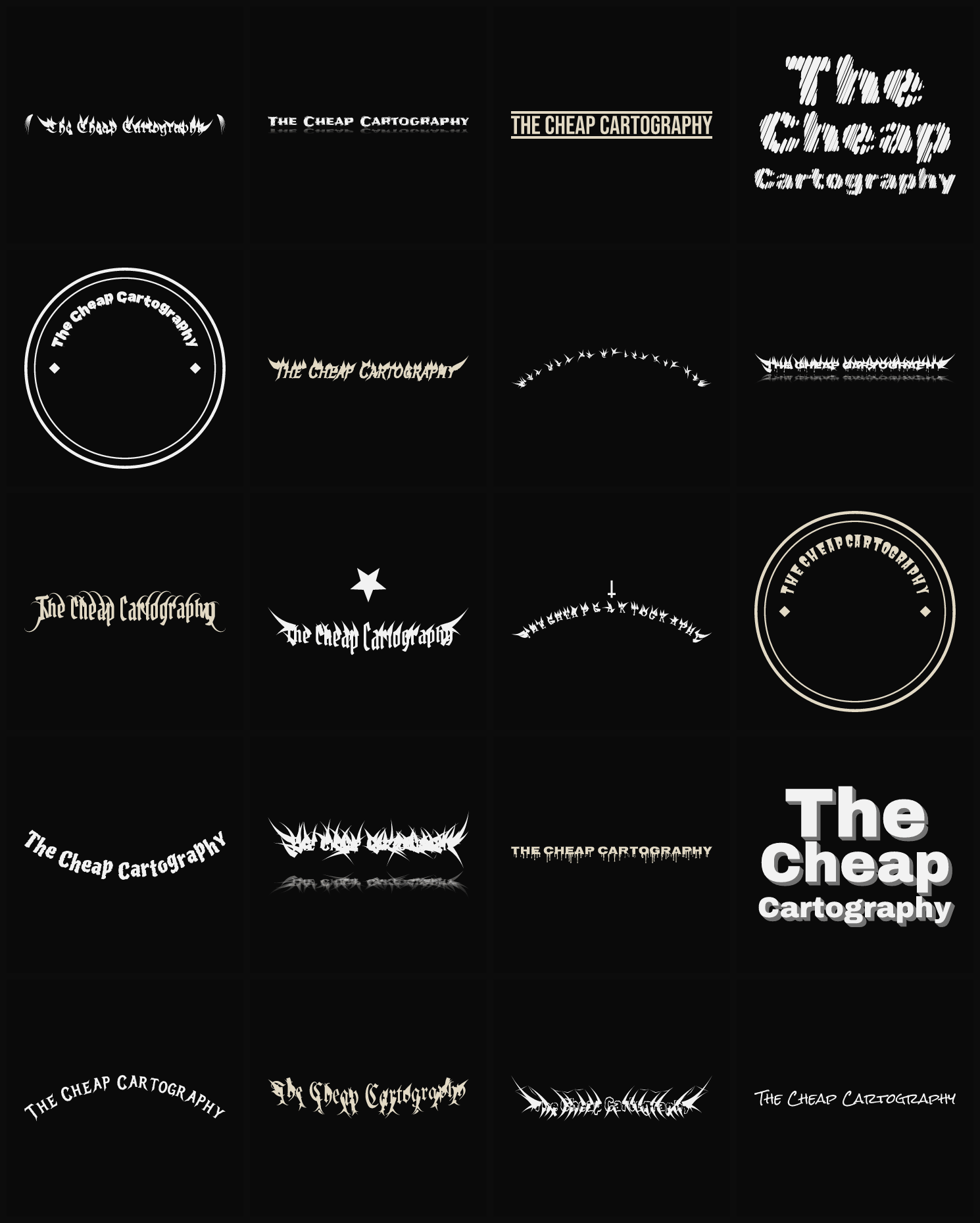 Twenty The Cheap Cartography band logo ideas — different faces, treatments and spike settings