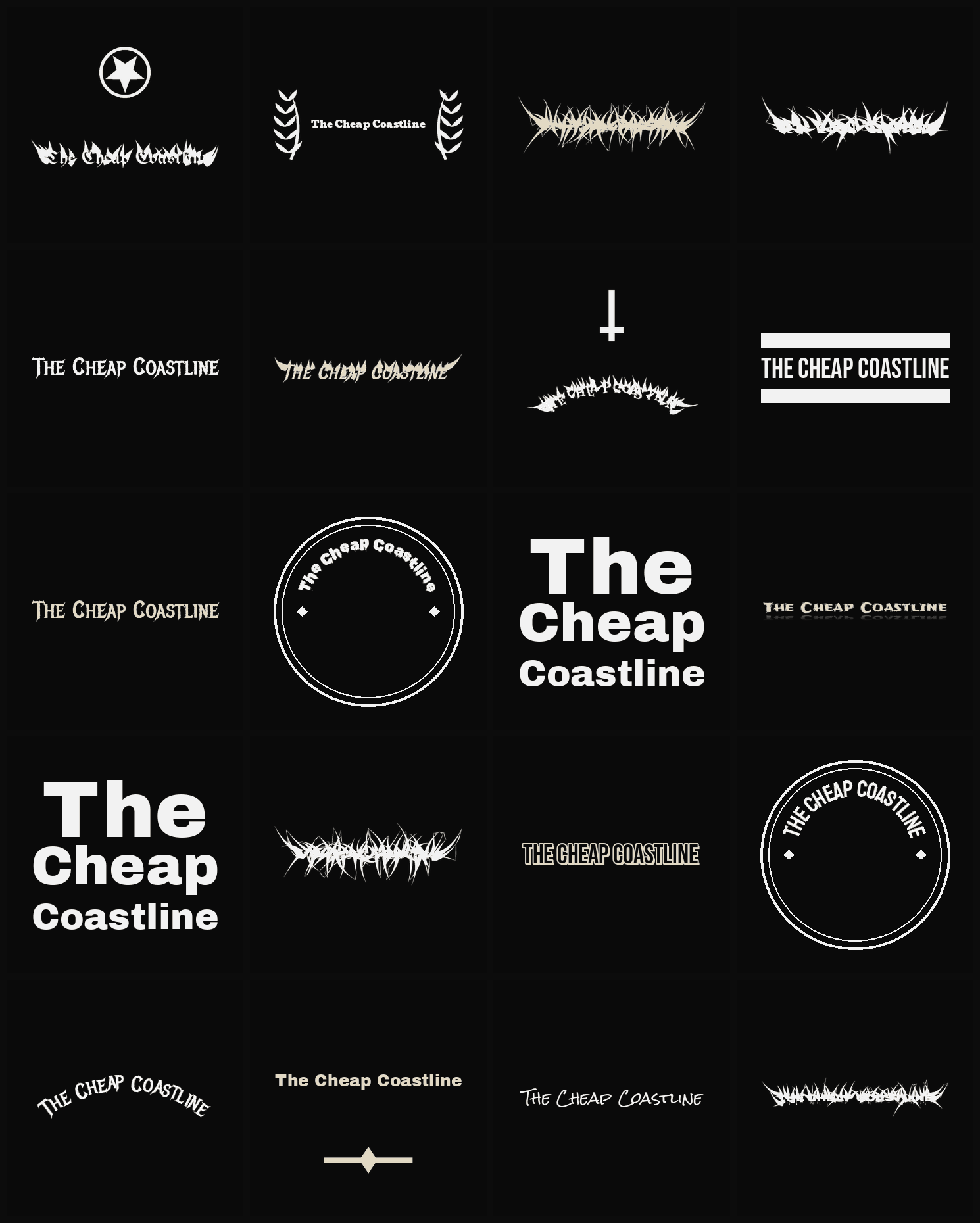 Twenty The Cheap Coastline band logo ideas — different faces, treatments and spike settings