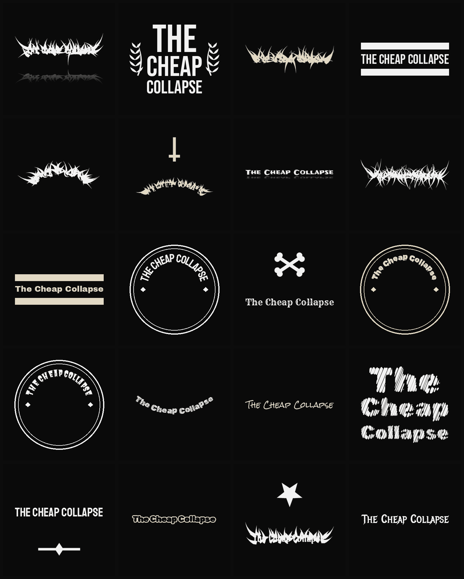 Twenty The Cheap Collapse band logo ideas — different faces, treatments and spike settings