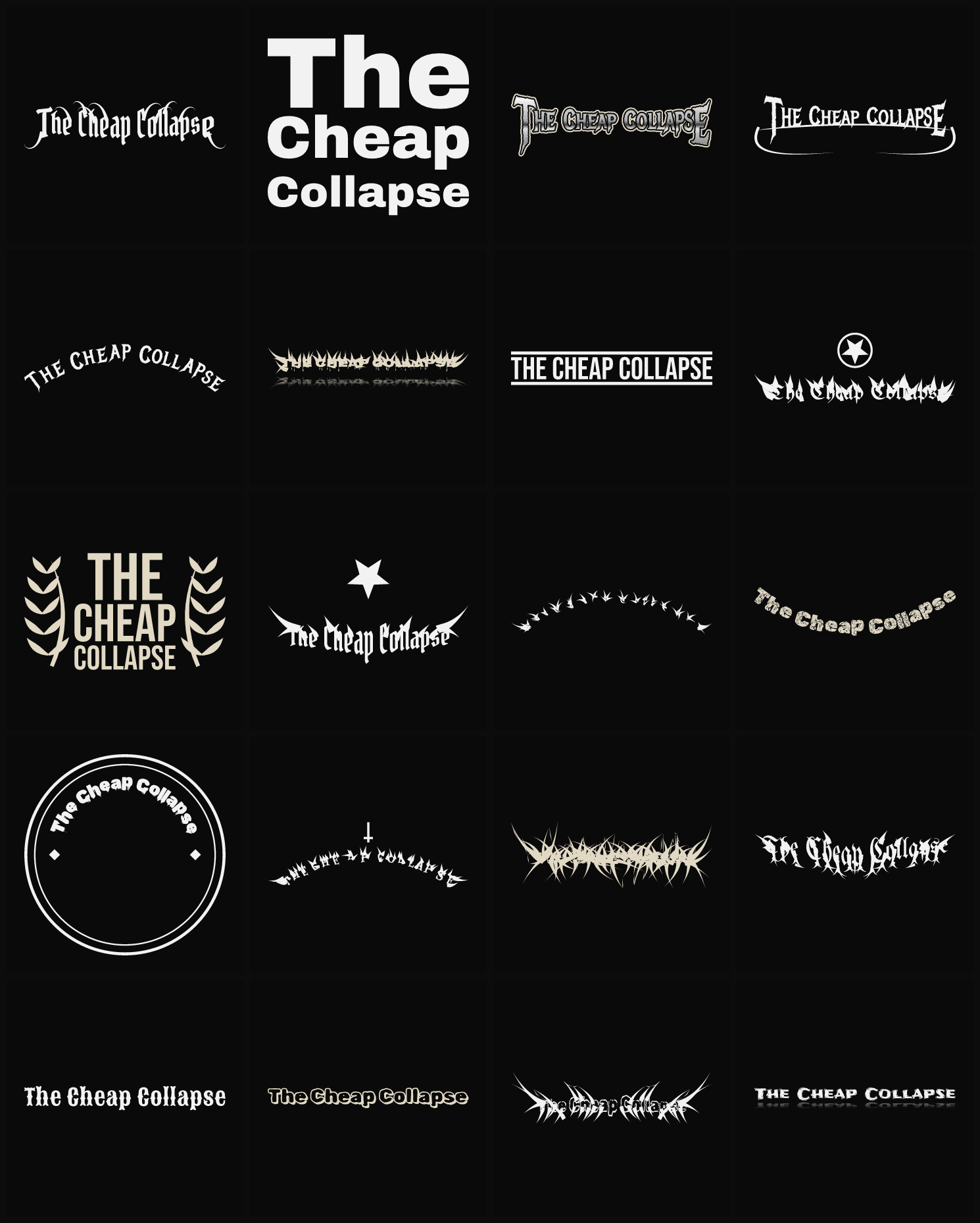 Twenty The Cheap Collapse band logo ideas — different faces, treatments and spike settings