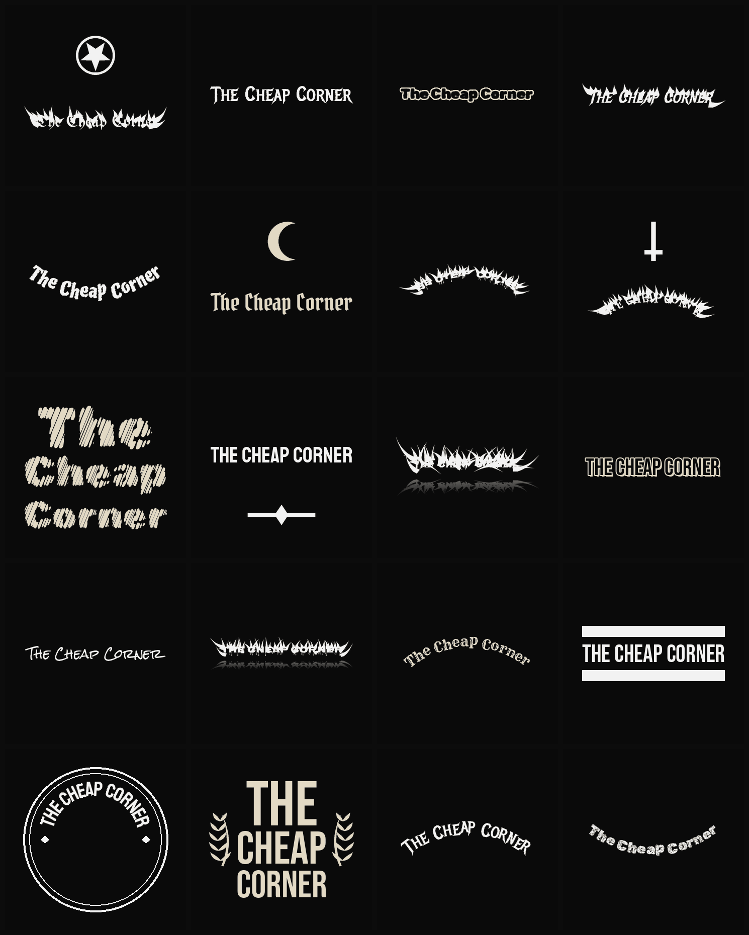 Twenty The Cheap Corner band logo ideas — different faces, treatments and spike settings
