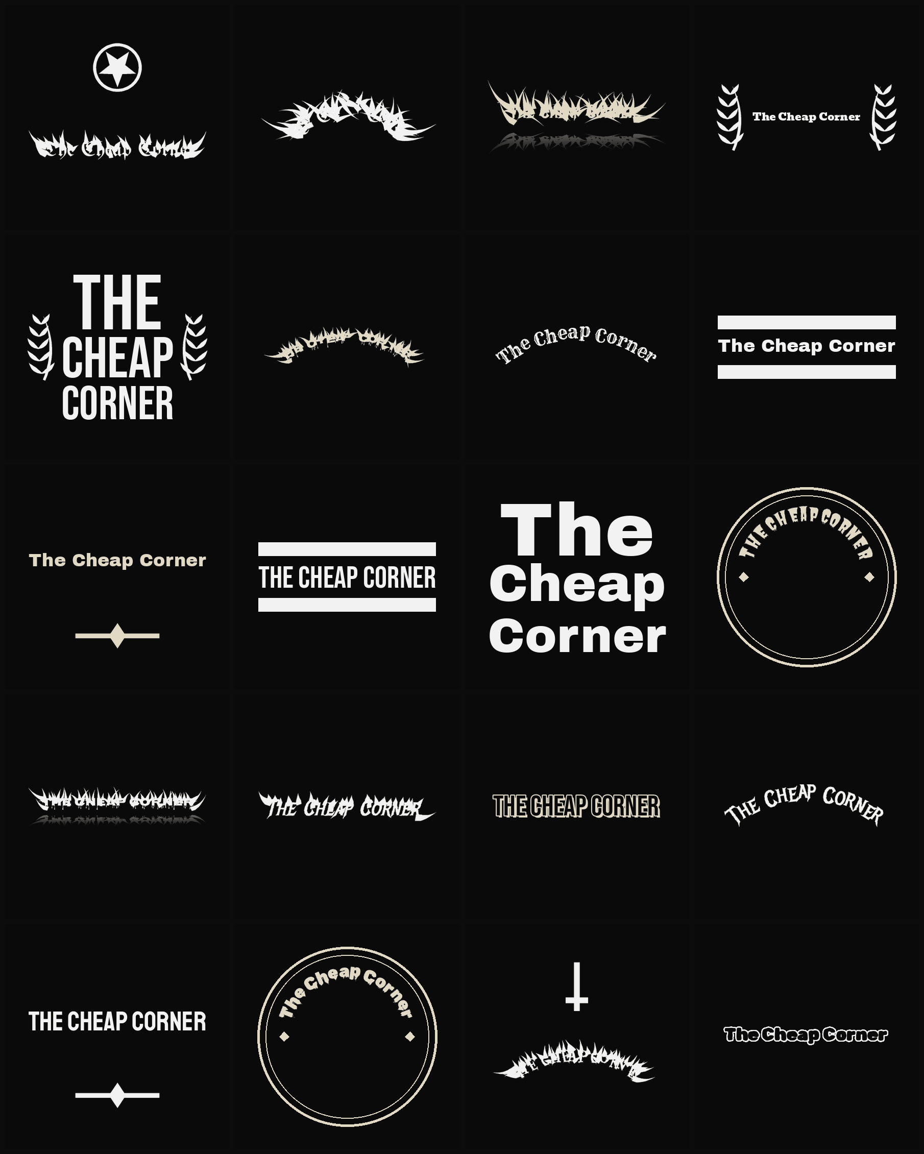 Twenty The Cheap Corner band logo ideas — different faces, treatments and spike settings