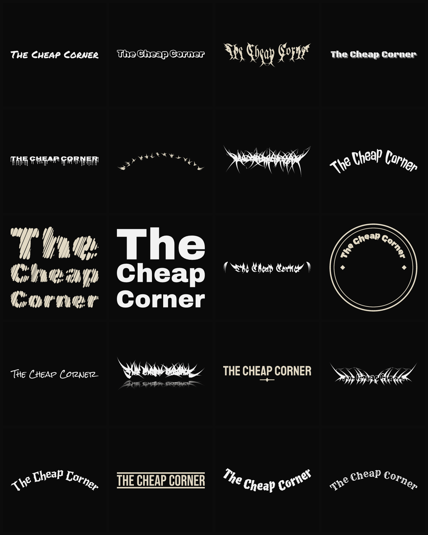 Twenty The Cheap Corner band logo ideas — different faces, treatments and spike settings