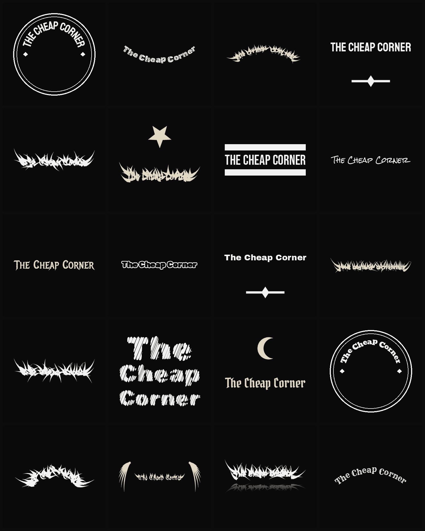 Twenty The Cheap Corner band logo ideas — different faces, treatments and spike settings