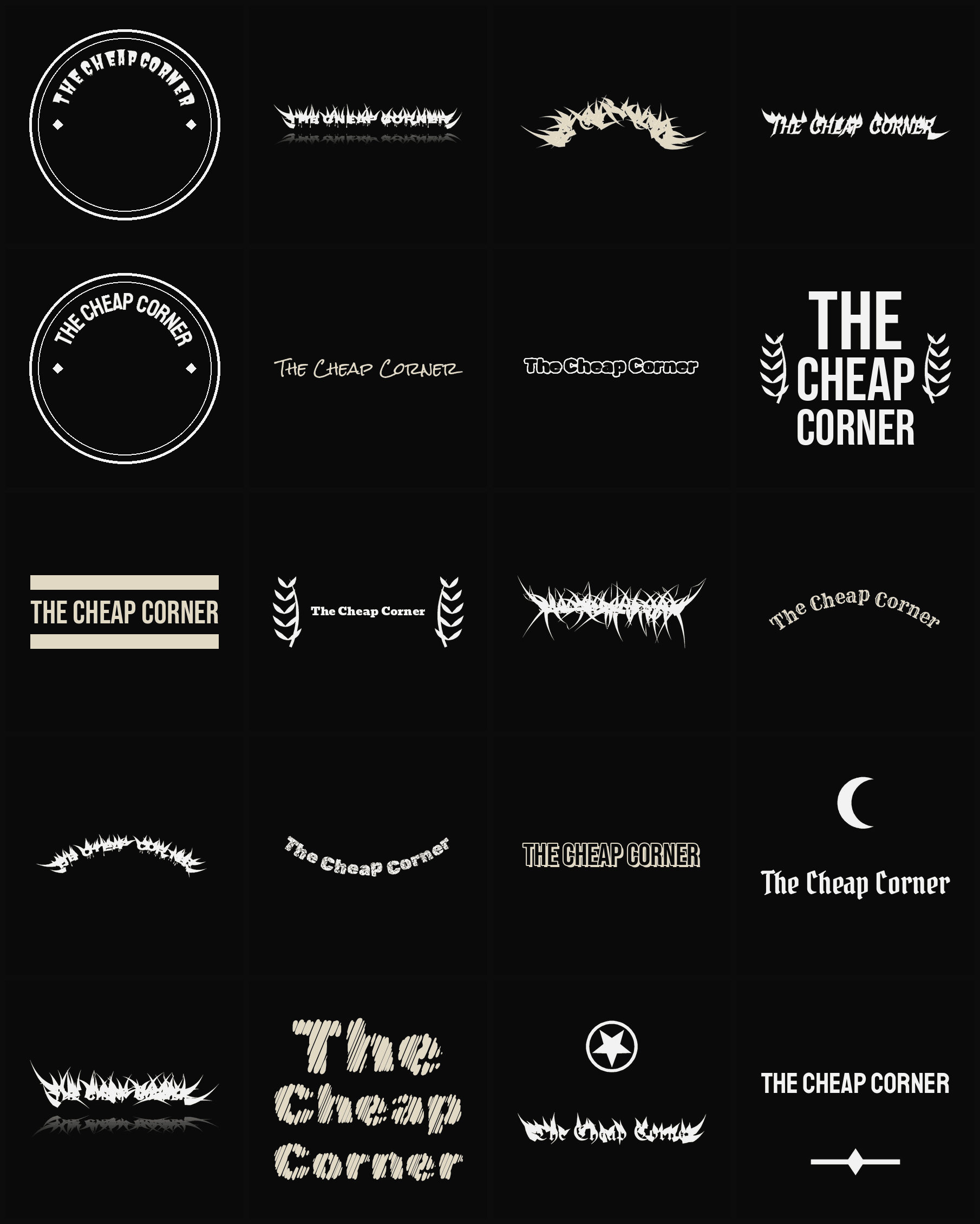 Twenty The Cheap Corner band logo ideas — different faces, treatments and spike settings