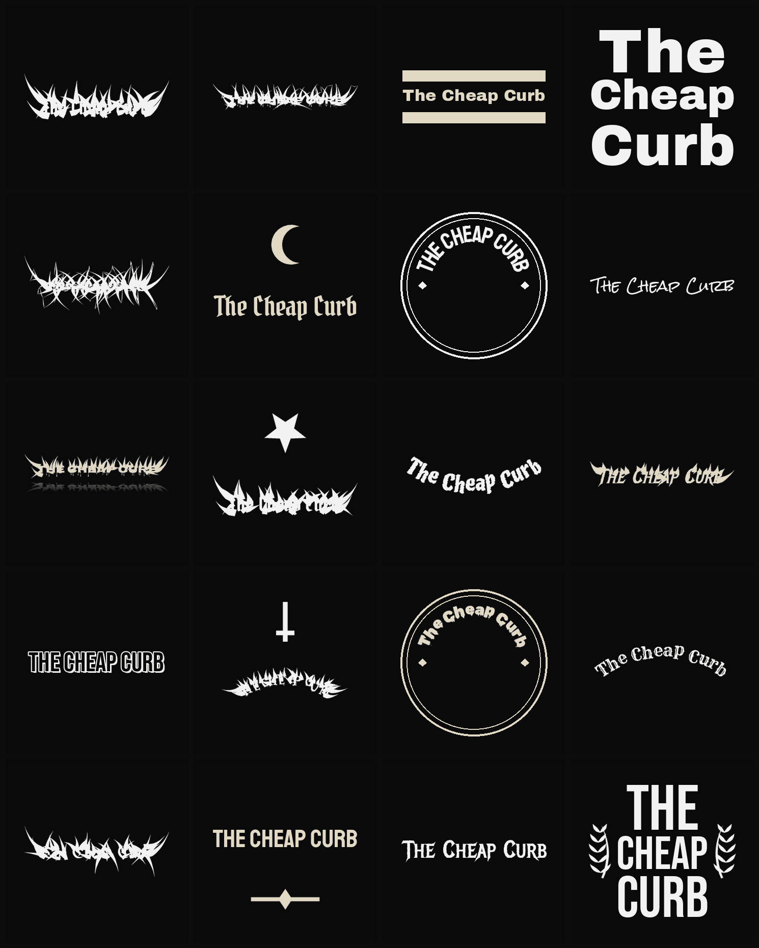 Twenty The Cheap Curb band logo ideas — different faces, treatments and spike settings