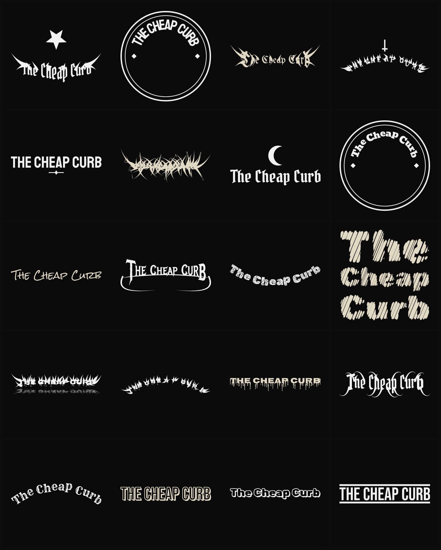 Twenty The Cheap Curb band logo ideas — different faces, treatments and spike settings