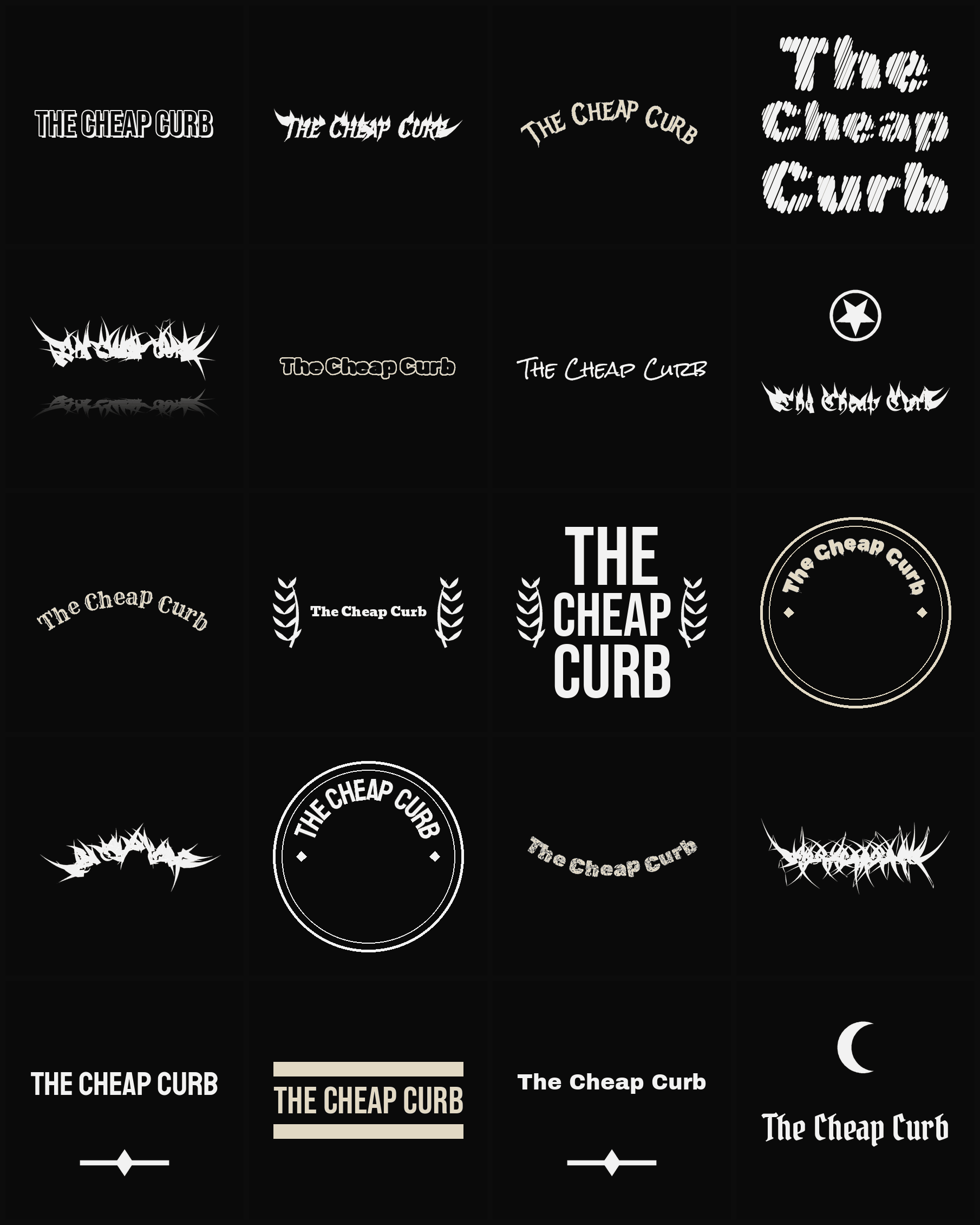 Twenty The Cheap Curb band logo ideas — different faces, treatments and spike settings
