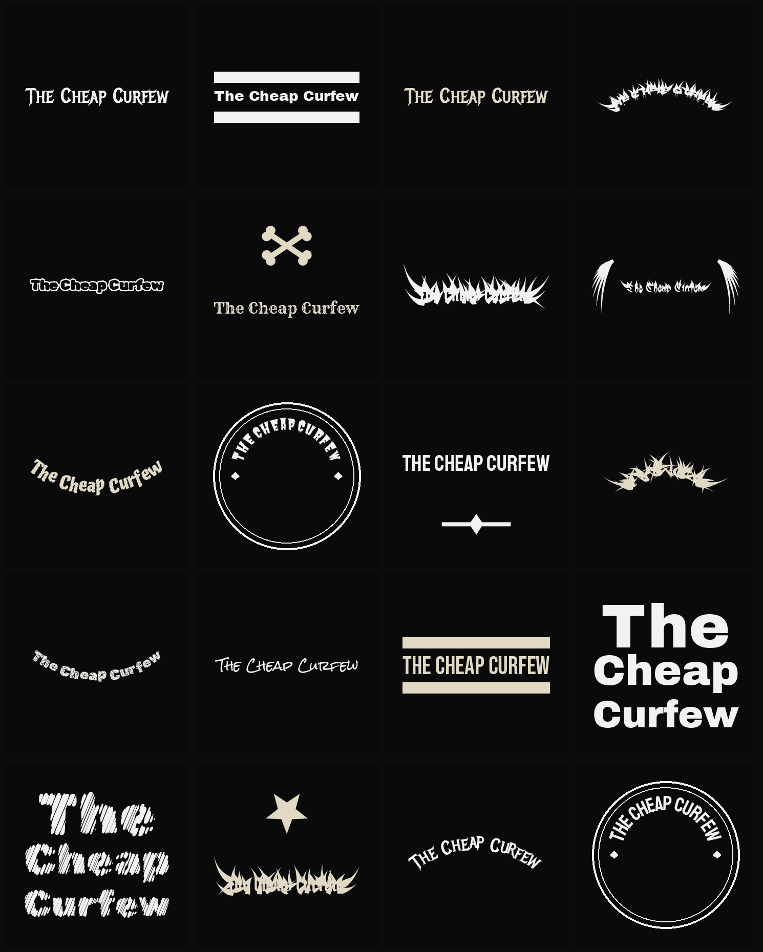 Twenty The Cheap Curfew band logo ideas — different faces, treatments and spike settings