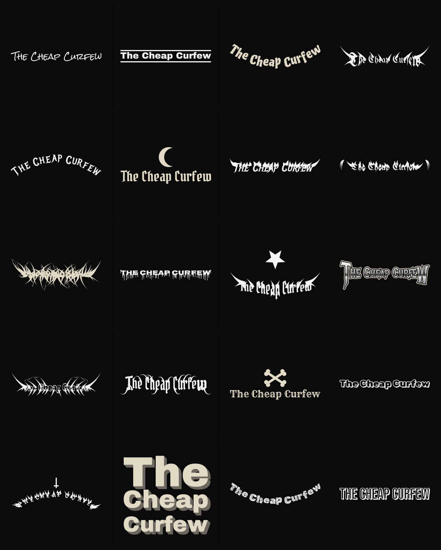 Twenty The Cheap Curfew band logo ideas — different faces, treatments and spike settings