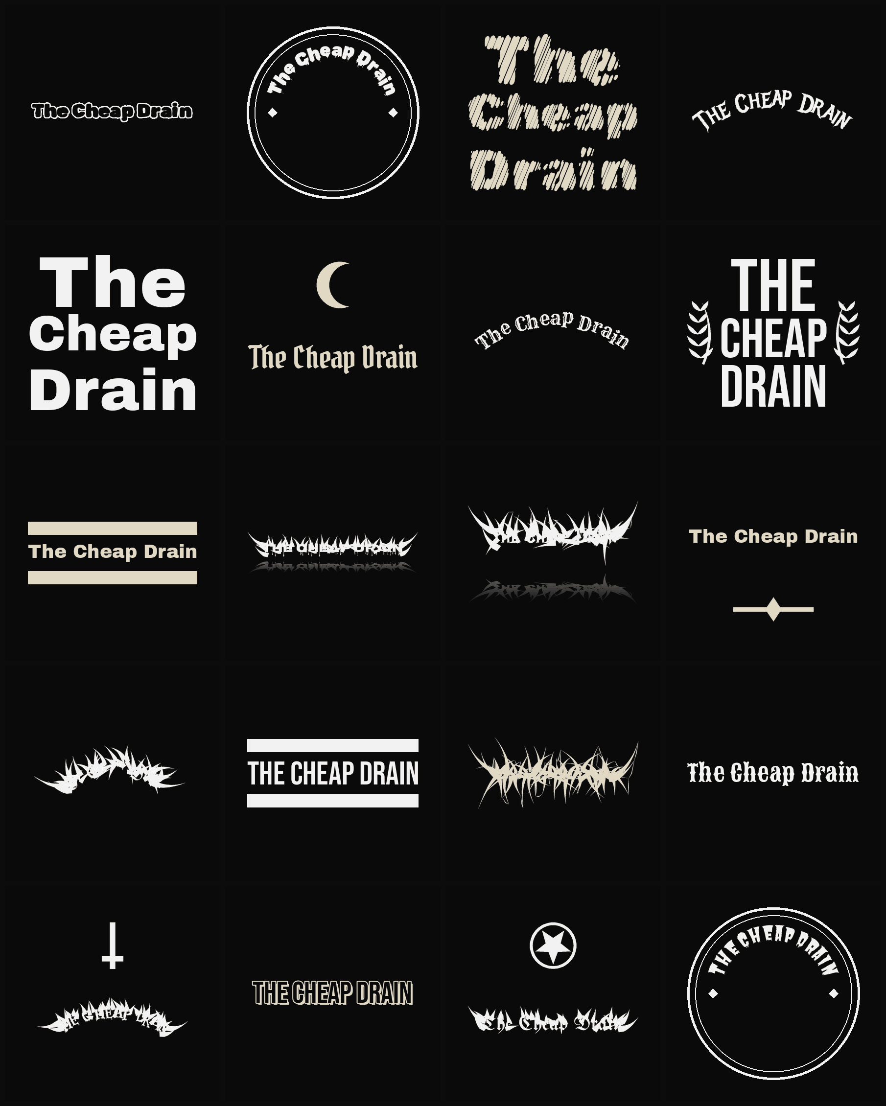 Twenty The Cheap Drain band logo ideas — different faces, treatments and spike settings