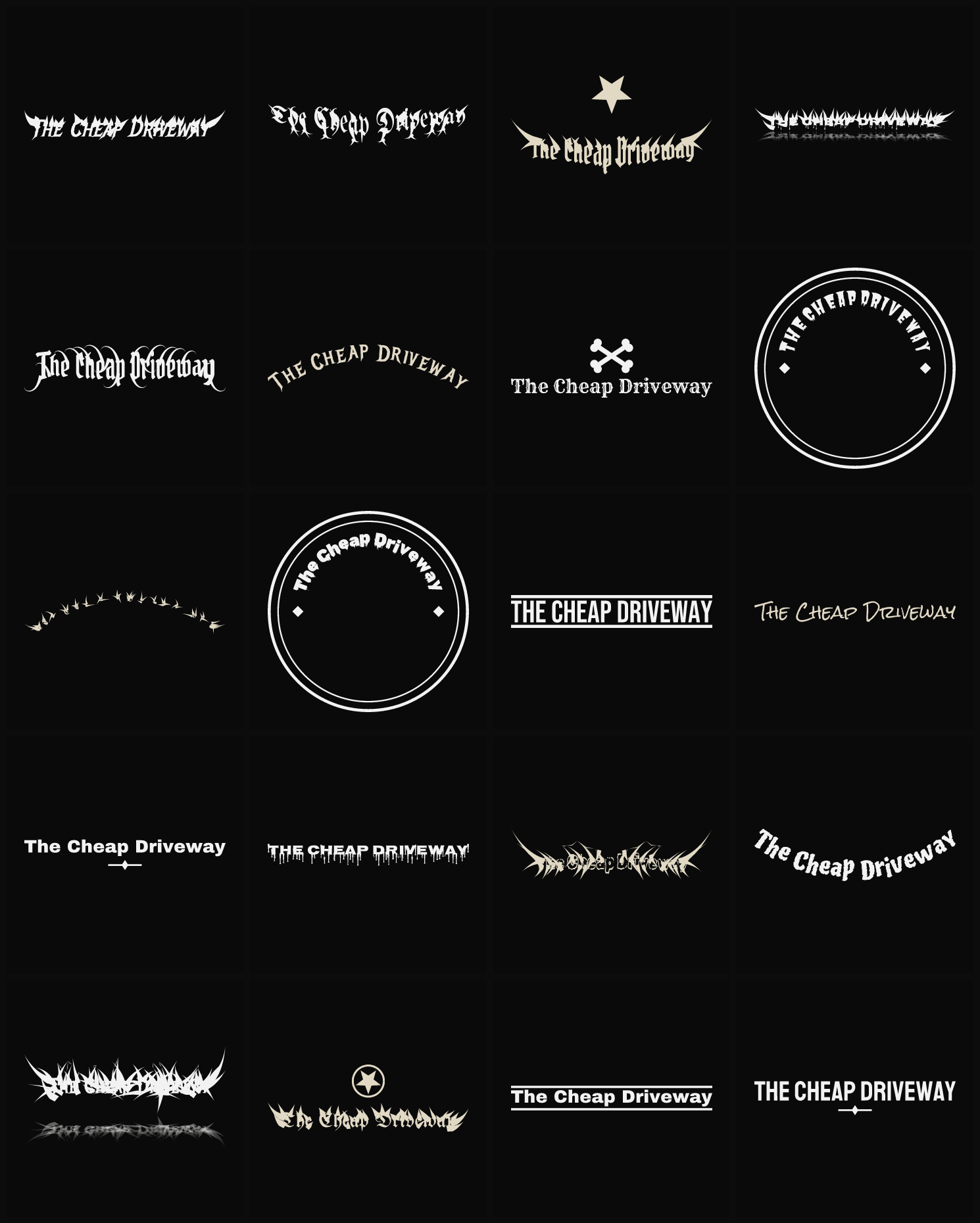 Twenty The Cheap Driveway band logo ideas — different faces, treatments and spike settings