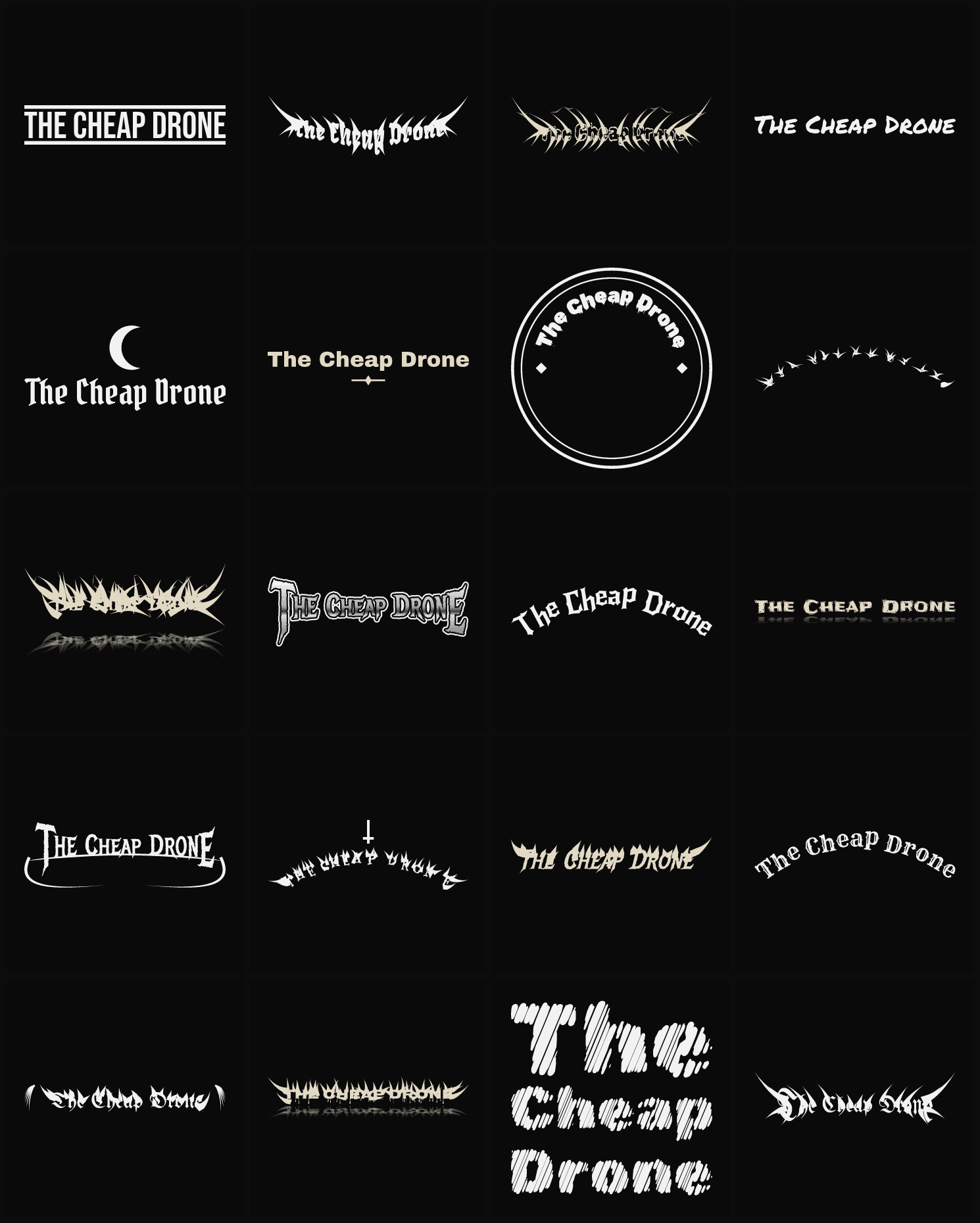 Twenty The Cheap Drone band logo ideas — different faces, treatments and spike settings