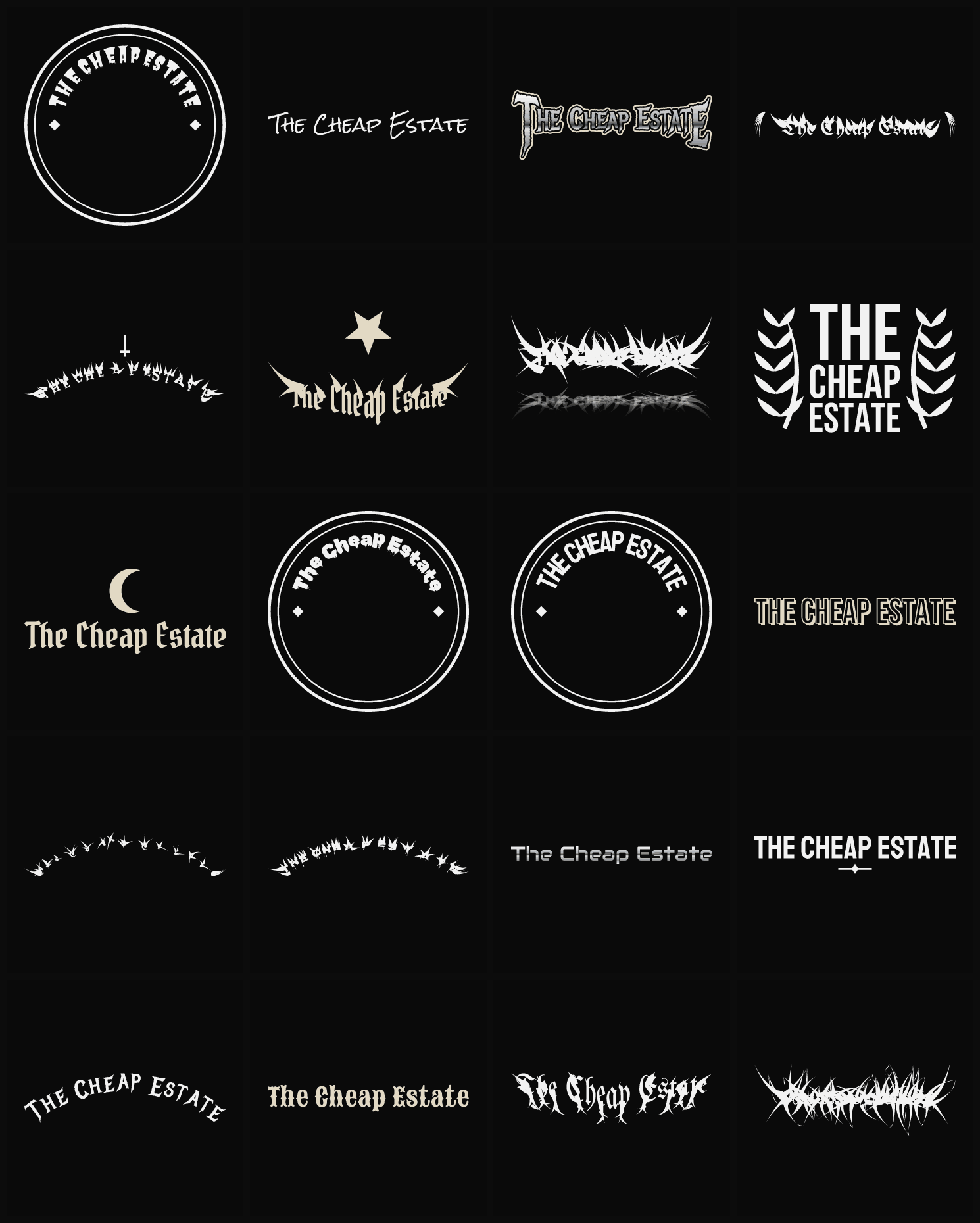 Twenty The Cheap Estate band logo ideas — different faces, treatments and spike settings