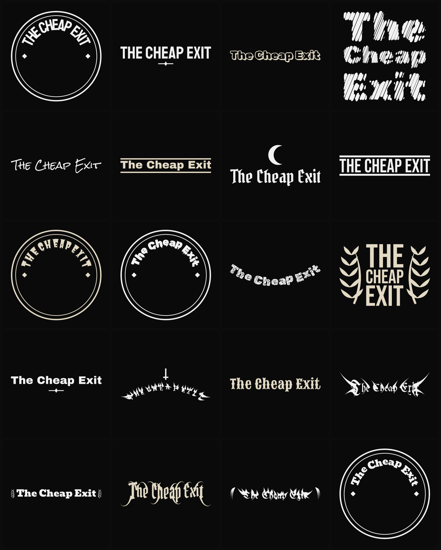 Twenty The Cheap Exit band logo ideas — different faces, treatments and spike settings