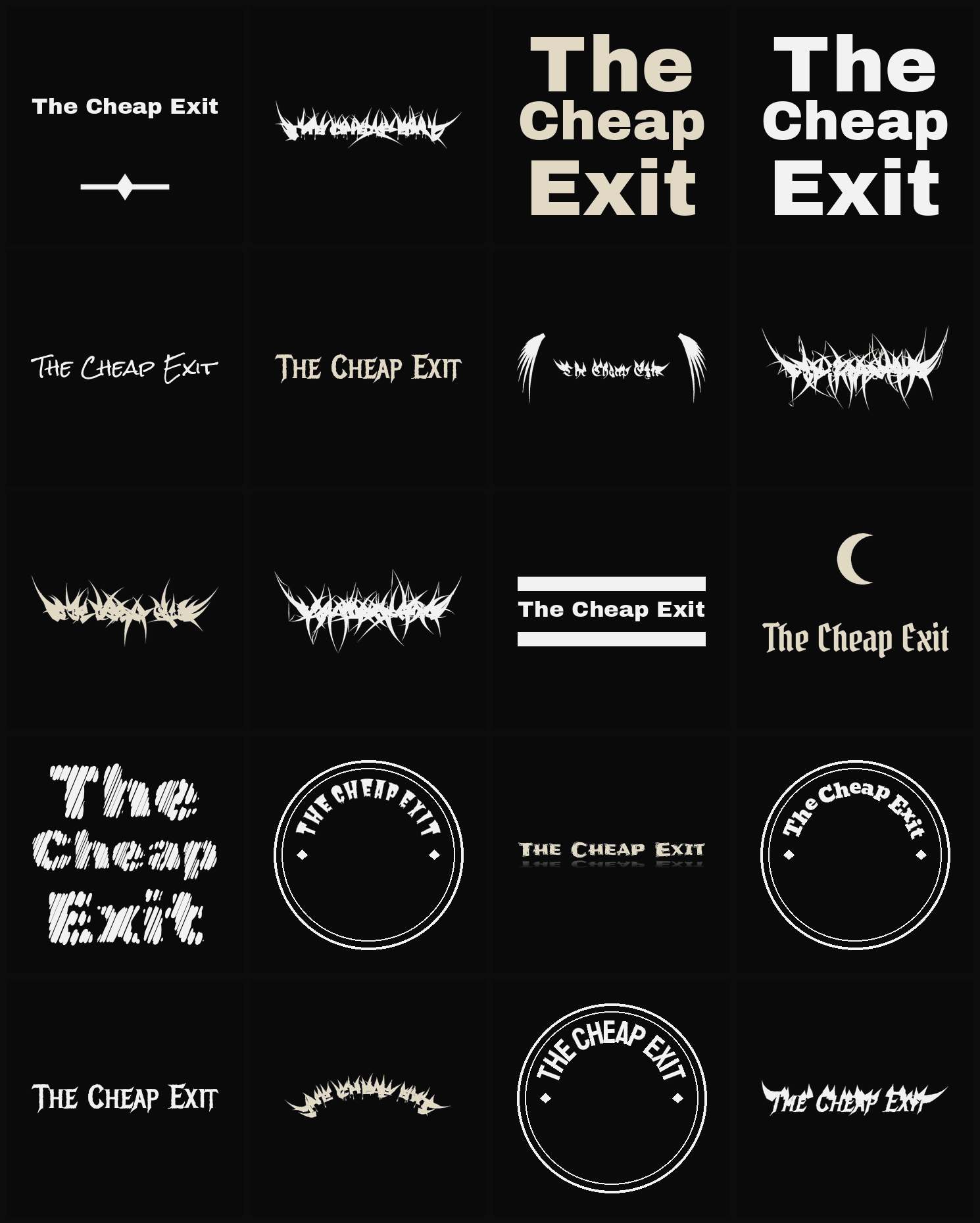Twenty The Cheap Exit band logo ideas — different faces, treatments and spike settings