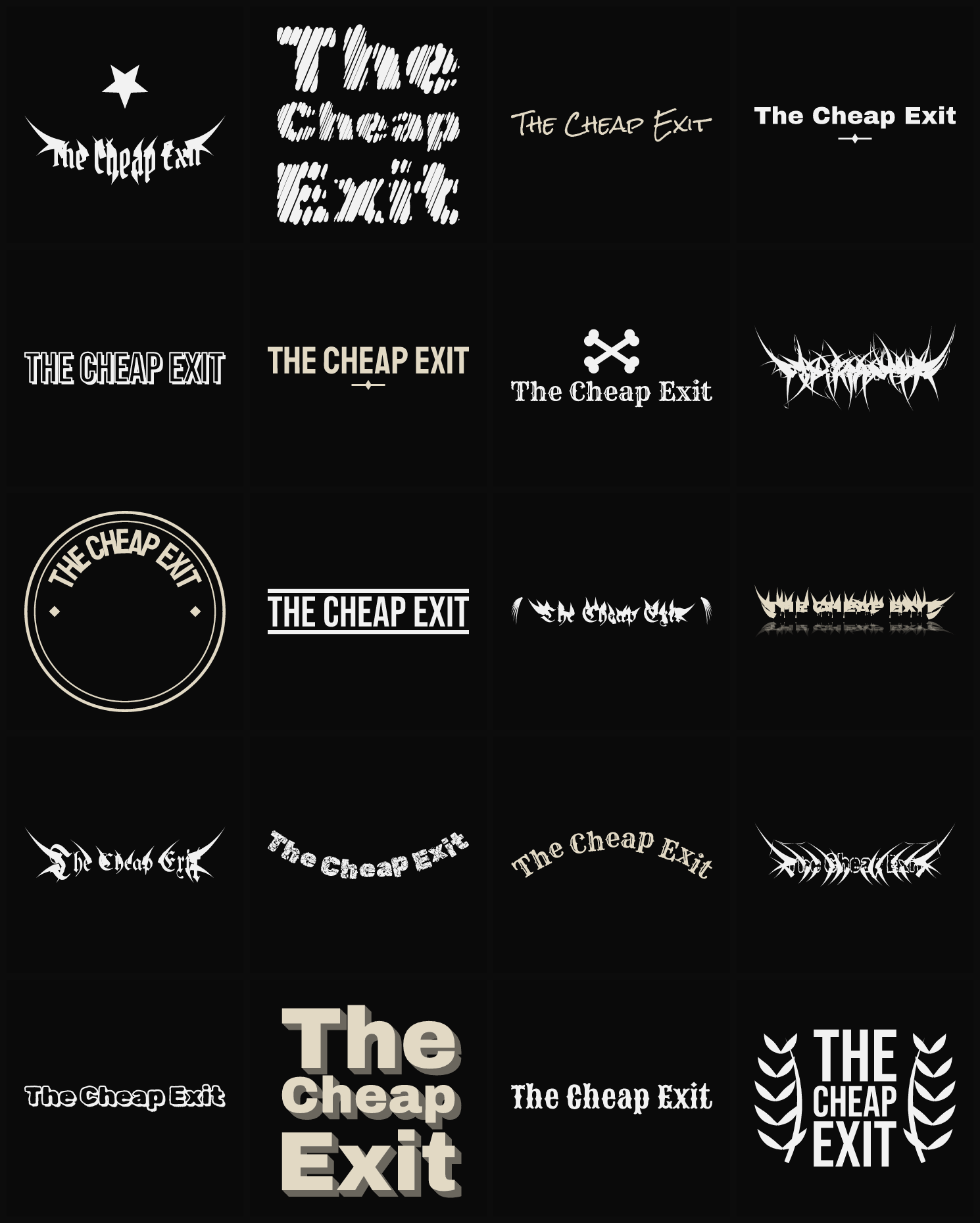 Twenty The Cheap Exit band logo ideas — different faces, treatments and spike settings