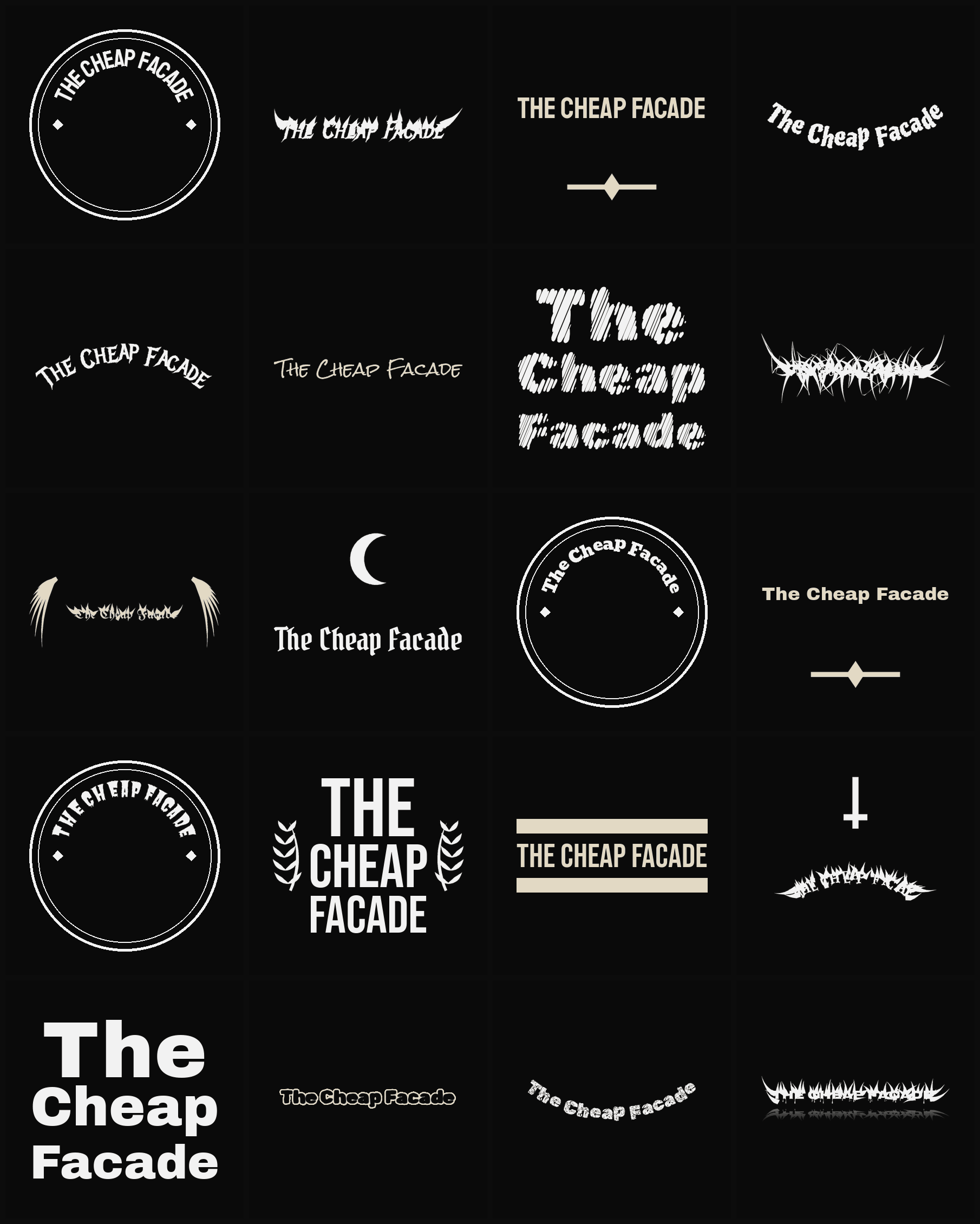 Twenty The Cheap Facade band logo ideas — different faces, treatments and spike settings