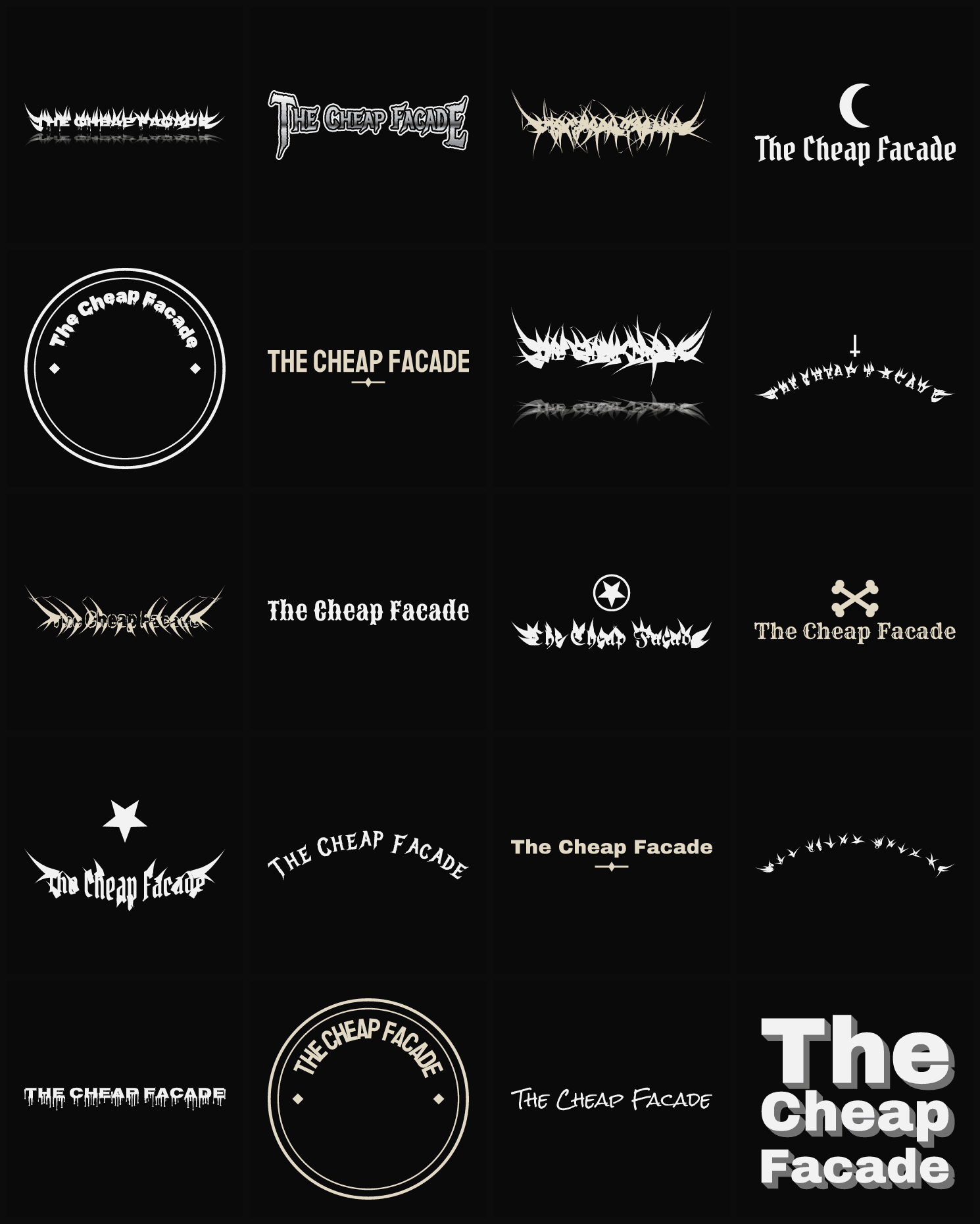 Twenty The Cheap Facade band logo ideas — different faces, treatments and spike settings