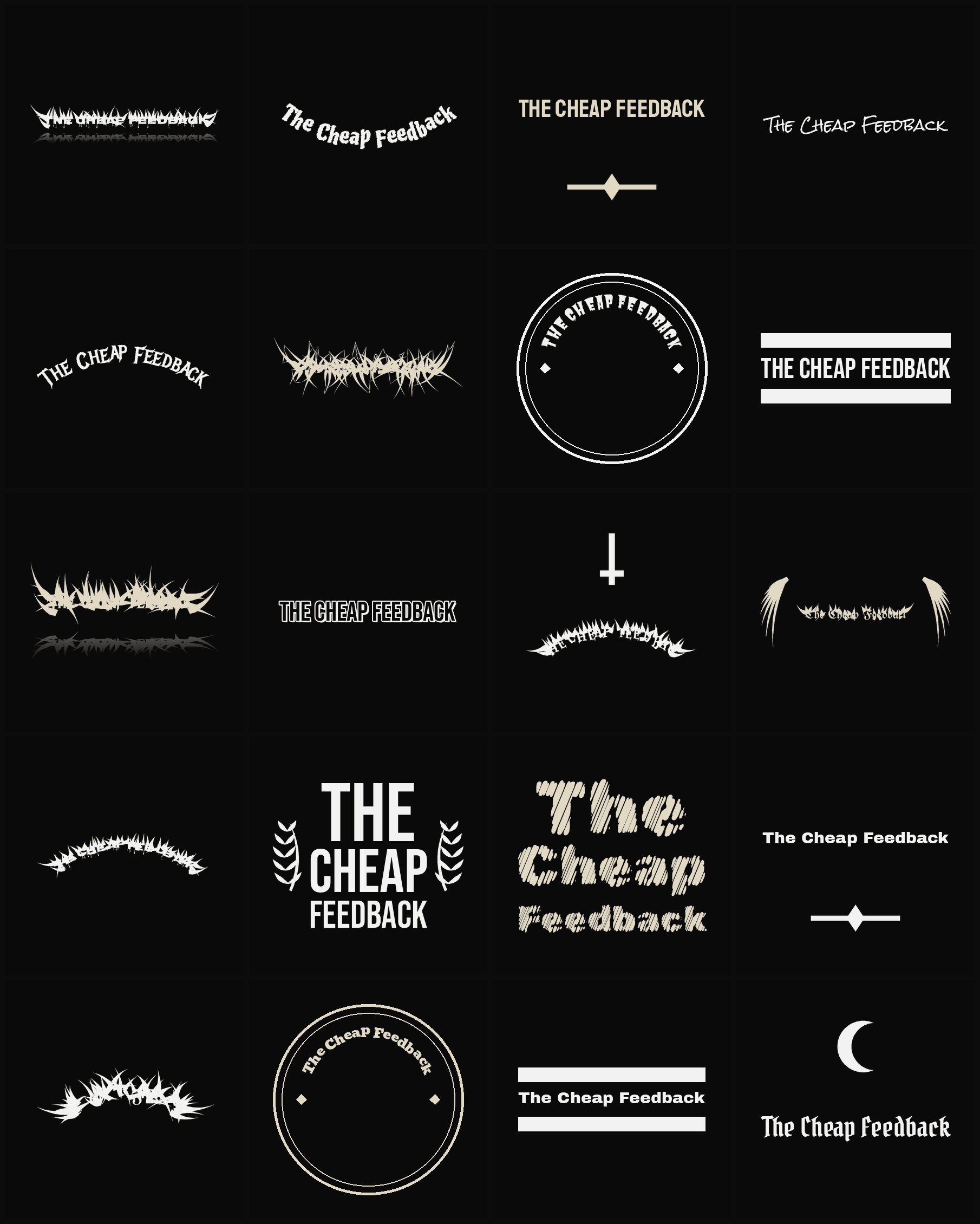 Twenty The Cheap Feedback band logo ideas — different faces, treatments and spike settings