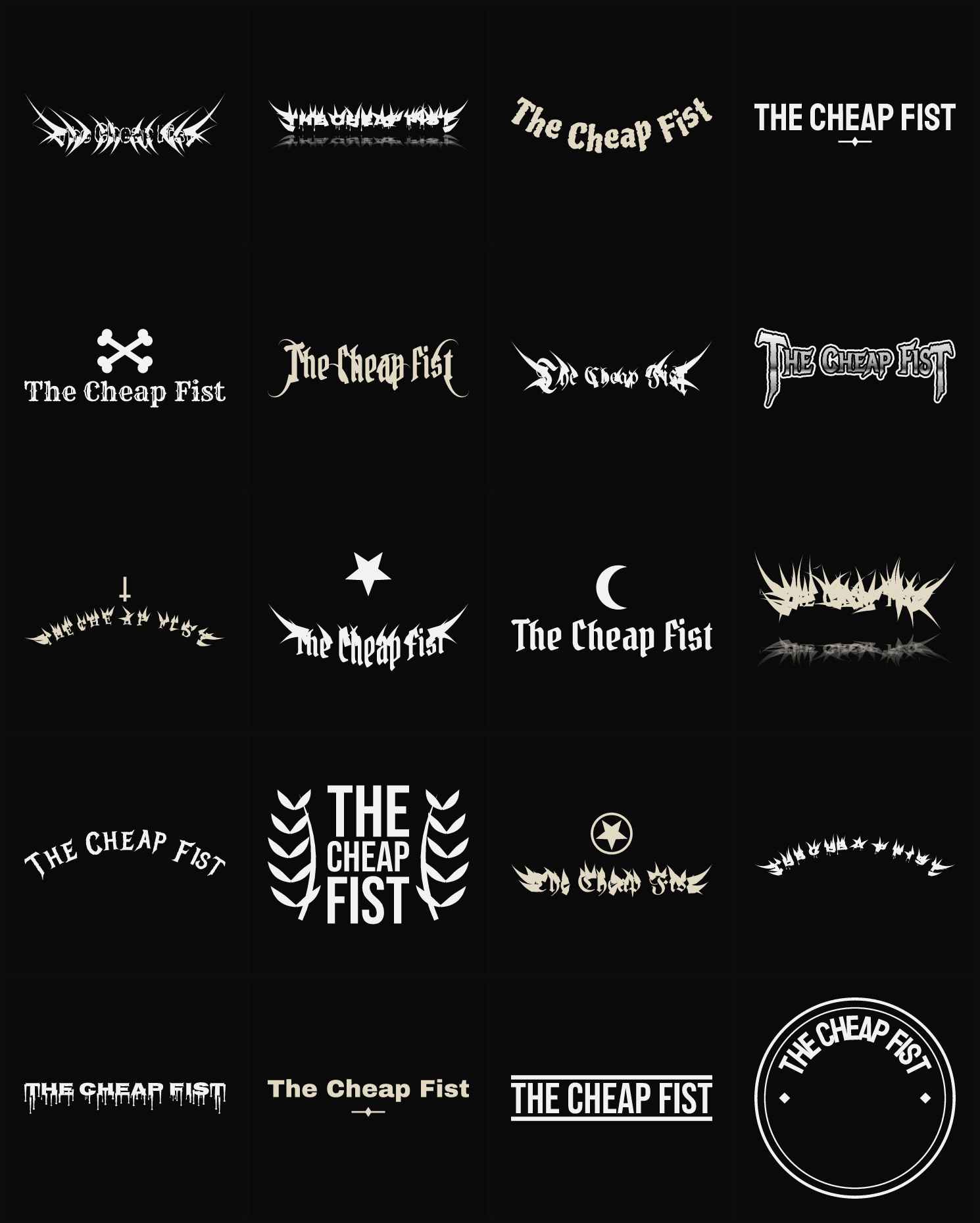 Twenty The Cheap Fist band logo ideas — different faces, treatments and spike settings