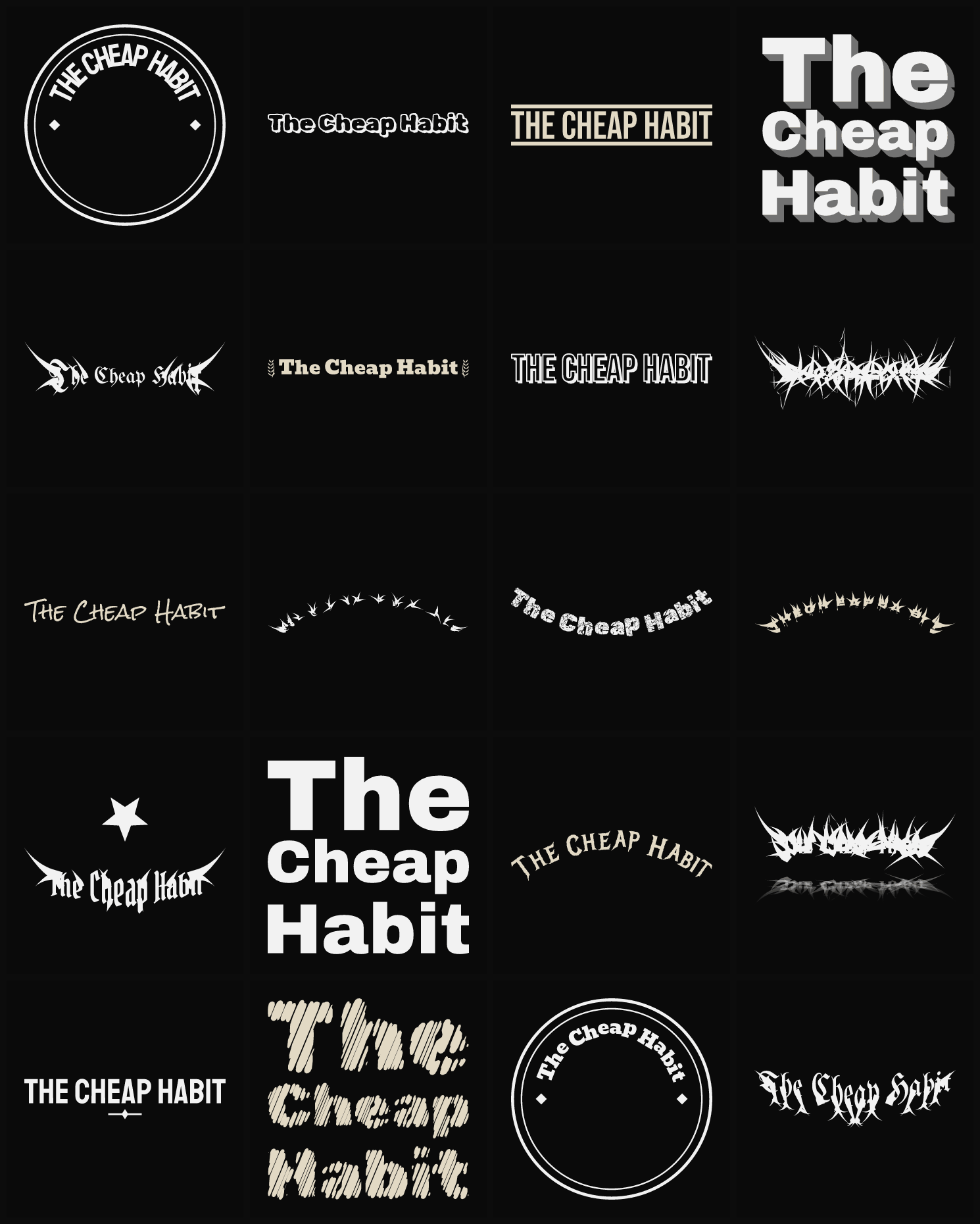 Twenty The Cheap Habit band logo ideas — different faces, treatments and spike settings