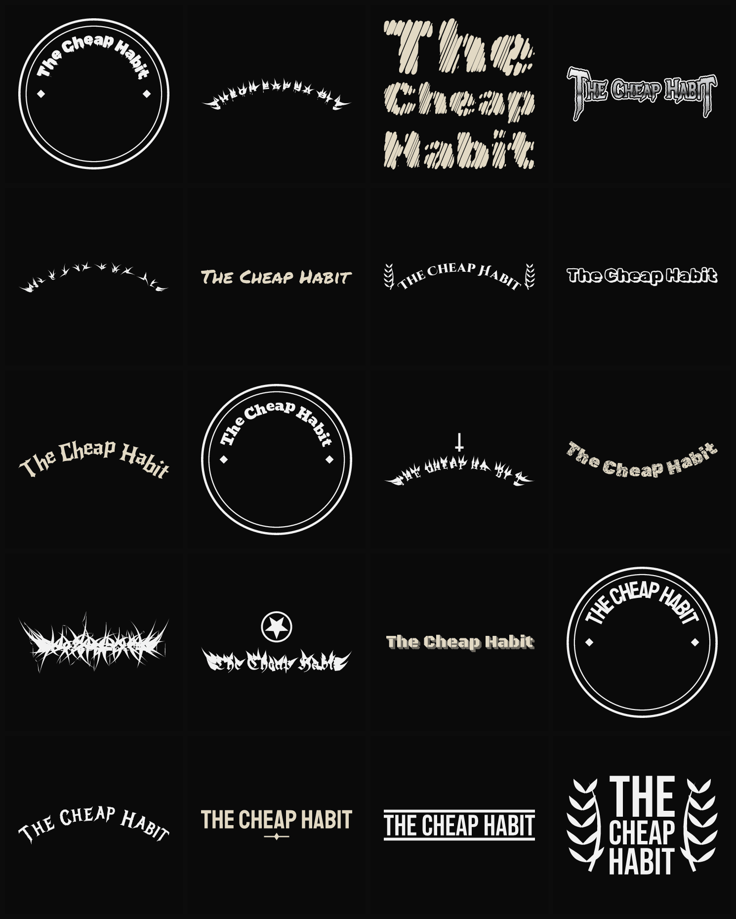 Twenty The Cheap Habit band logo ideas — different faces, treatments and spike settings