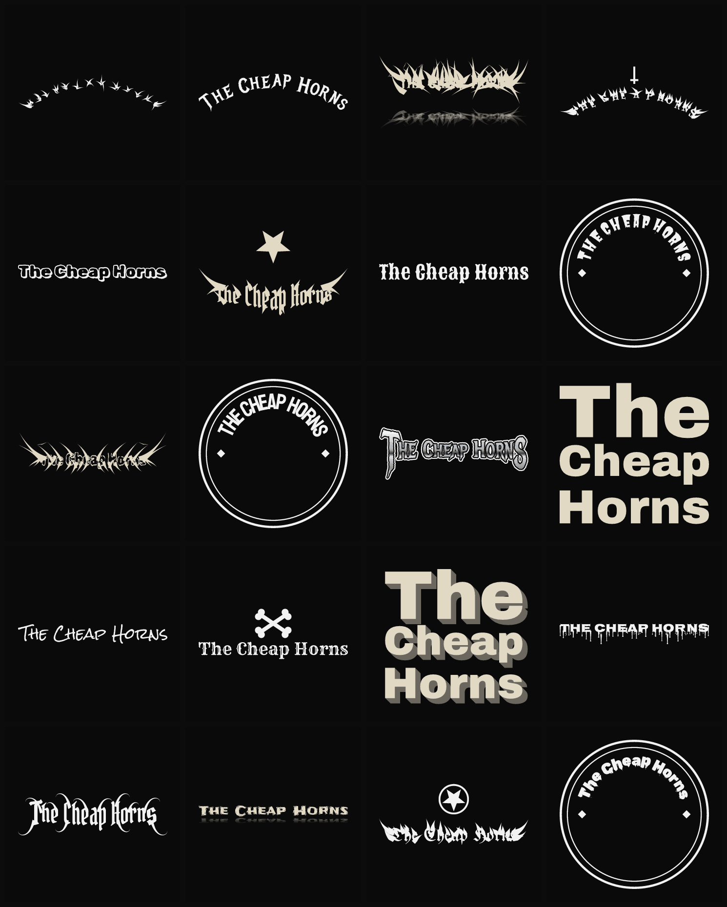 Twenty The Cheap Horns band logo ideas — different faces, treatments and spike settings