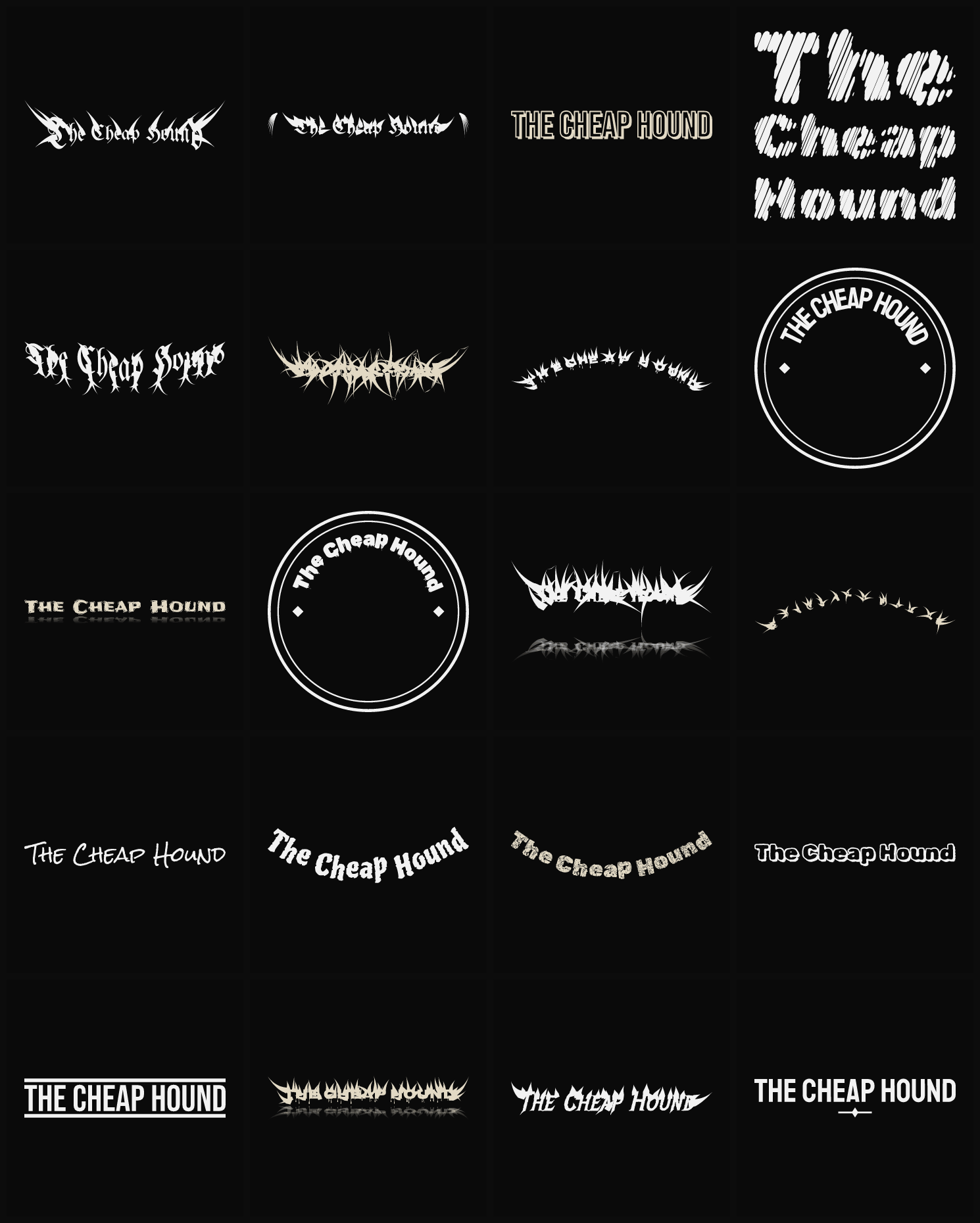 Twenty The Cheap Hound band logo ideas — different faces, treatments and spike settings