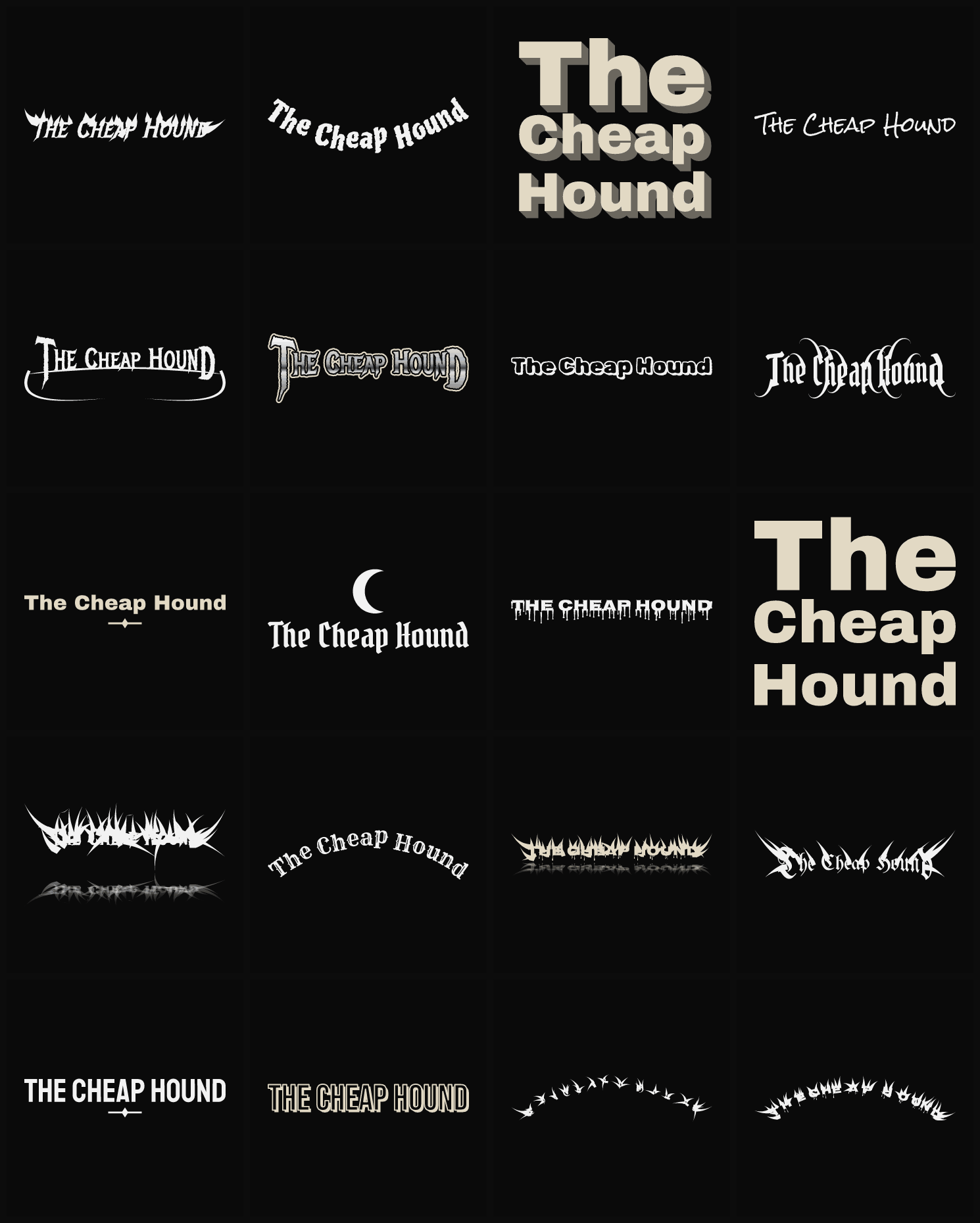 Twenty The Cheap Hound band logo ideas — different faces, treatments and spike settings